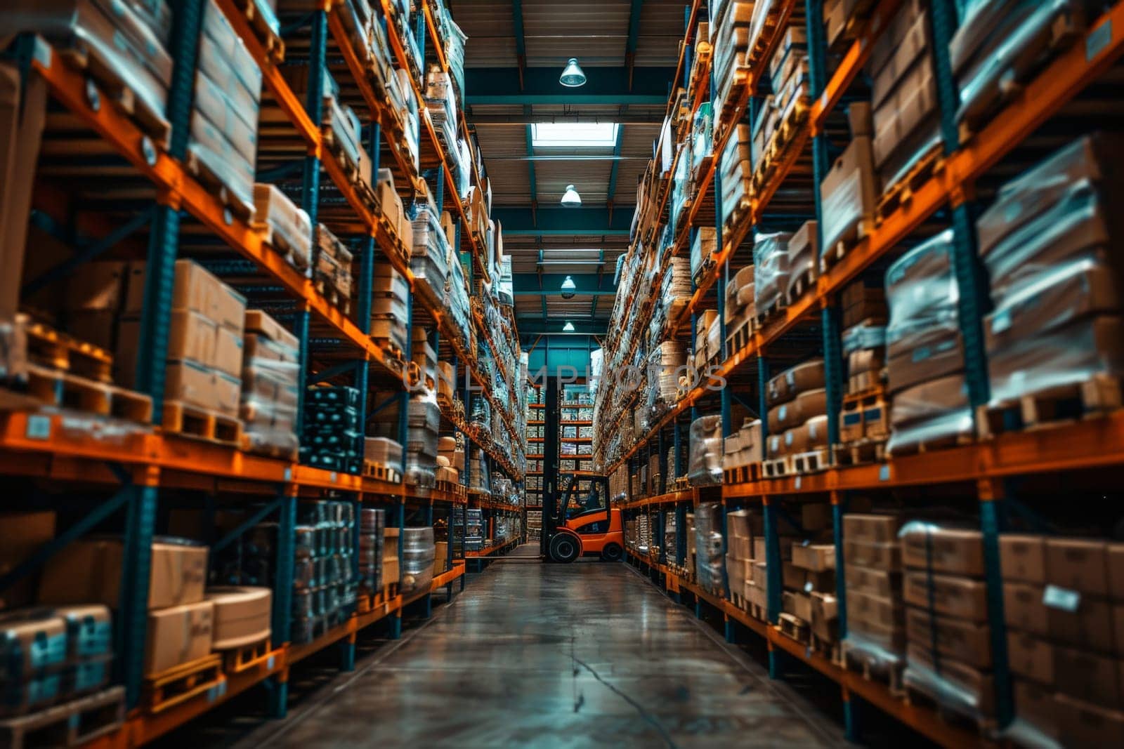 A Retail warehouse full of shelves with goods in cartons, with pallets and forklifts.