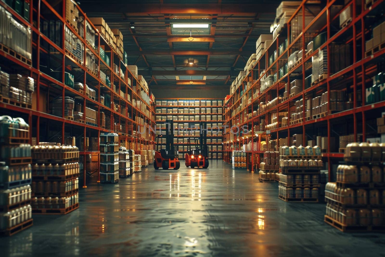 A Retail warehouse full of shelves with goods in cartons, with pallets and forklifts.