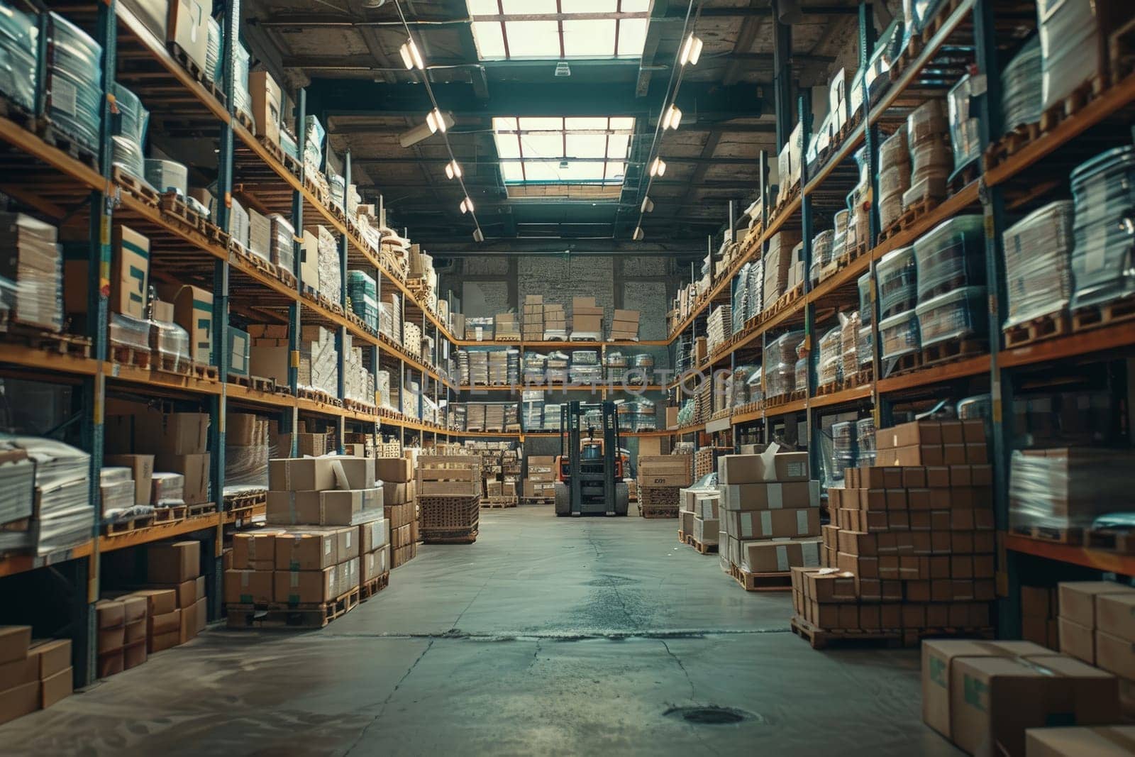 A Retail warehouse full of shelves with goods in cartons, with pallets and forklifts.