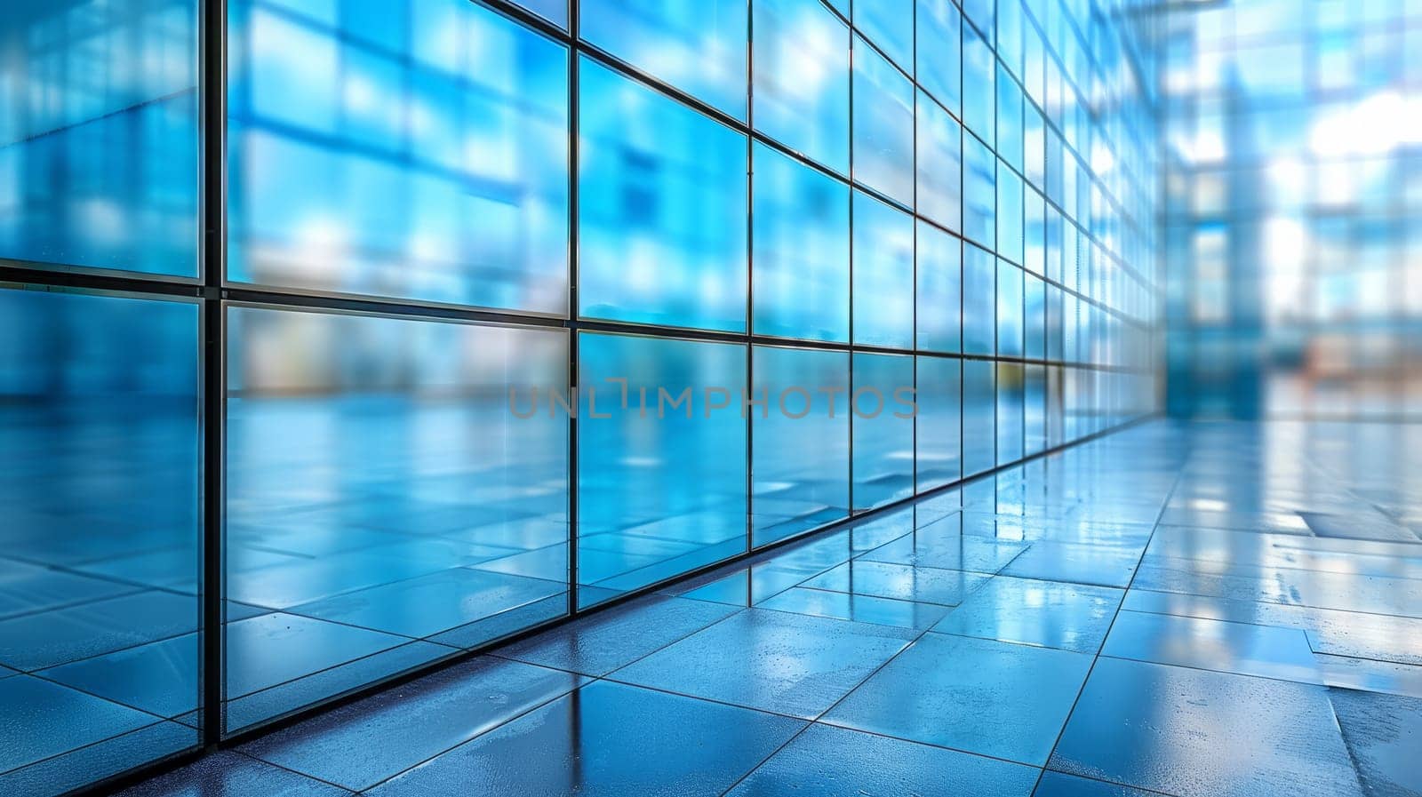 Blurred background of a beautiful modern spacious office room with panoramic windows and a perspective in pleasant blue tones.