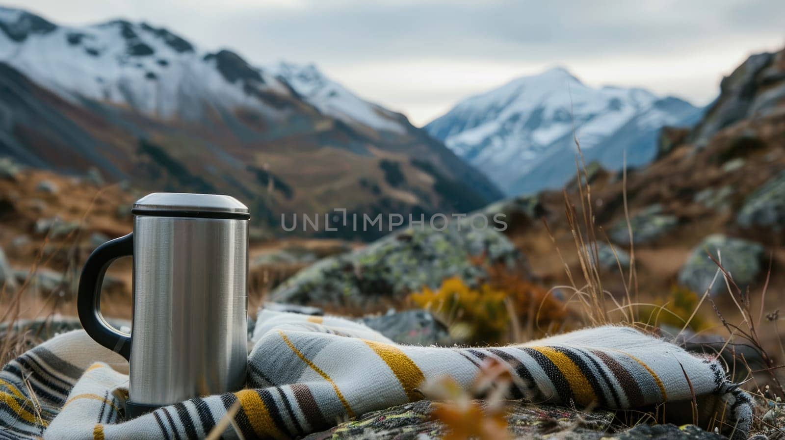 A mug and a thermos for a tourist on a background of mountains AI