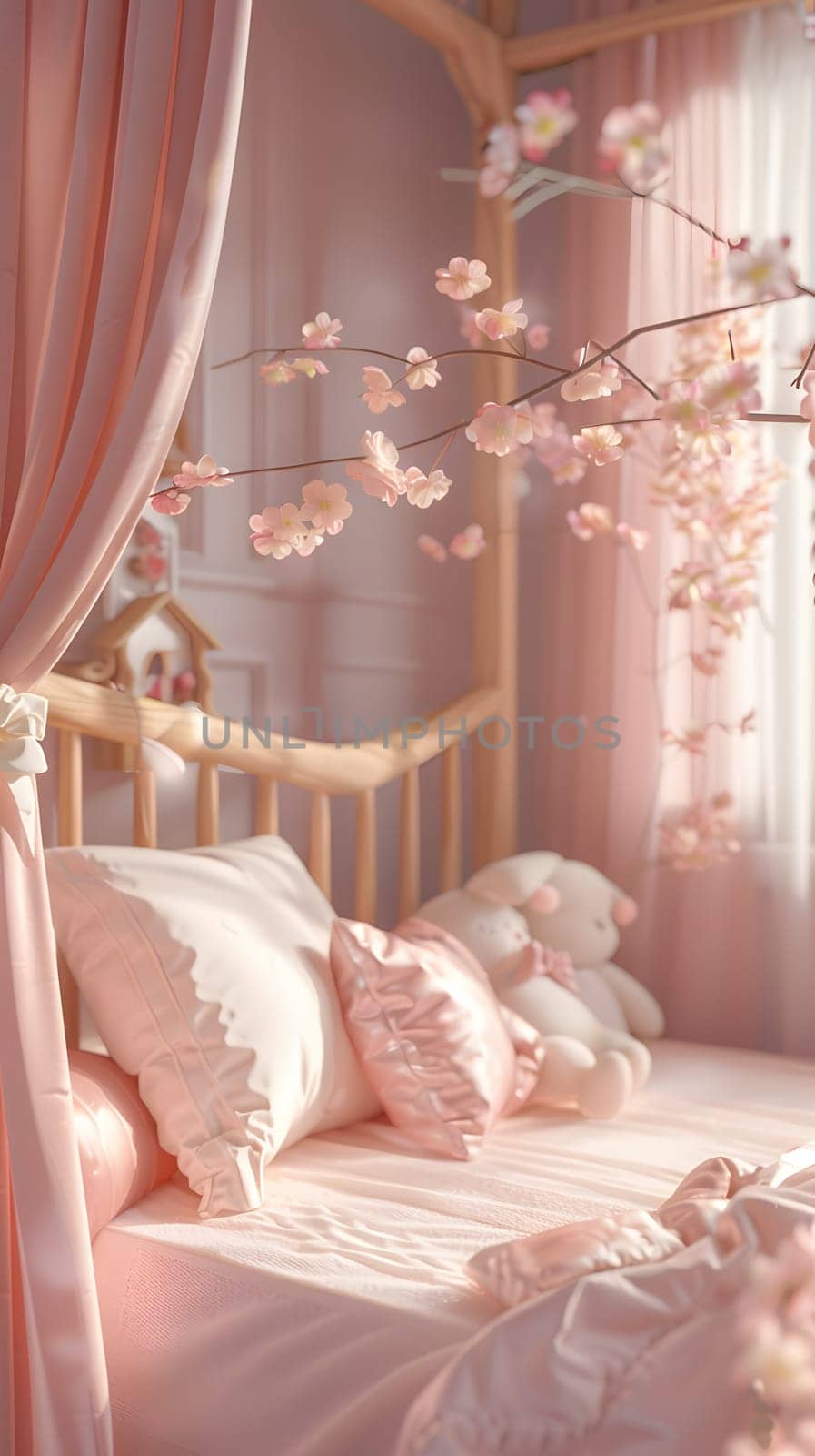 A pink bedroom with a canopy bed, hardwood furniture, and flowers hanging from the ceiling. The interior design features textile curtains, a cozy chair, and a wooden table for added comfort