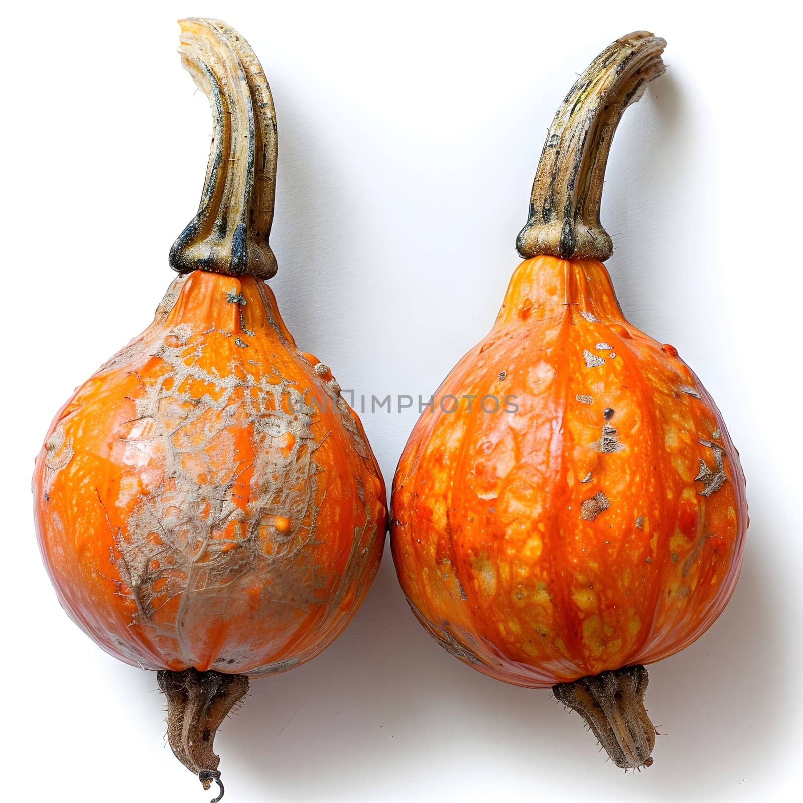 Two orange calabaza pumpkins displayed on white surface by Nadtochiy