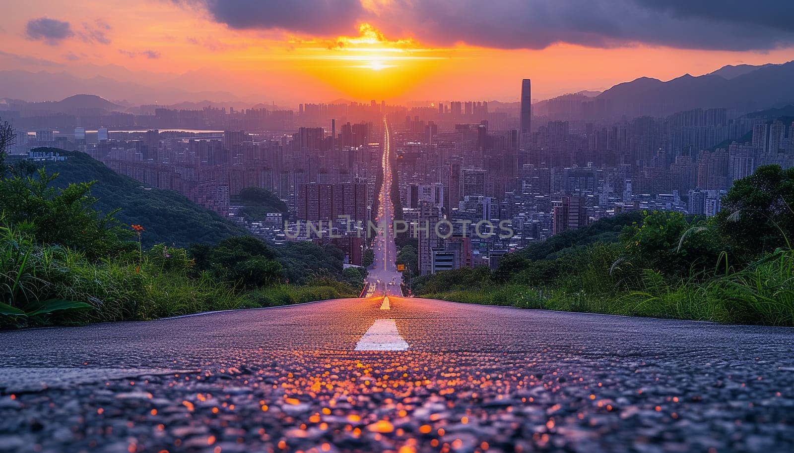 The perspective of the road against the background of sunset and the cityscape by Nadtochiy