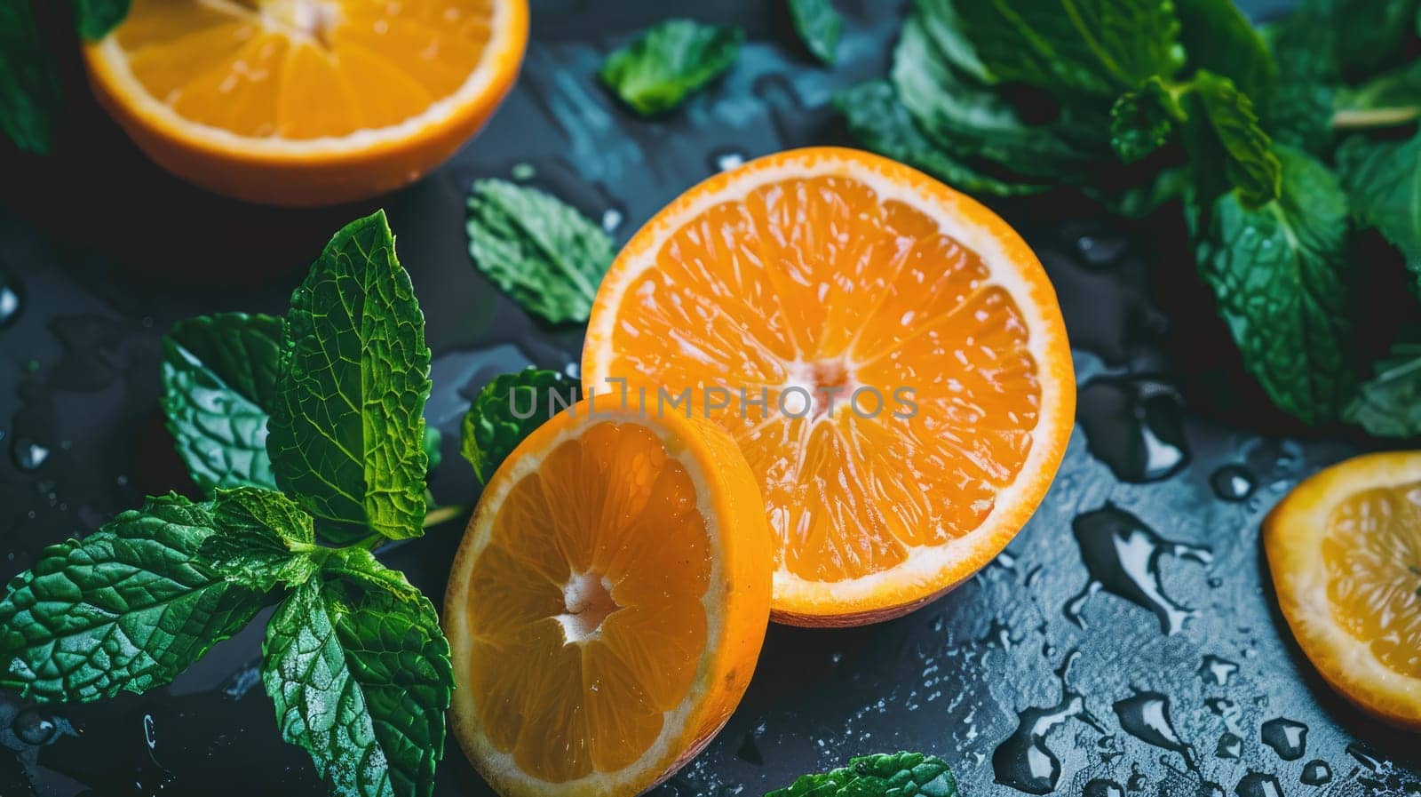 Citrus slices and mint herbs. Fresh orange with mint background AI