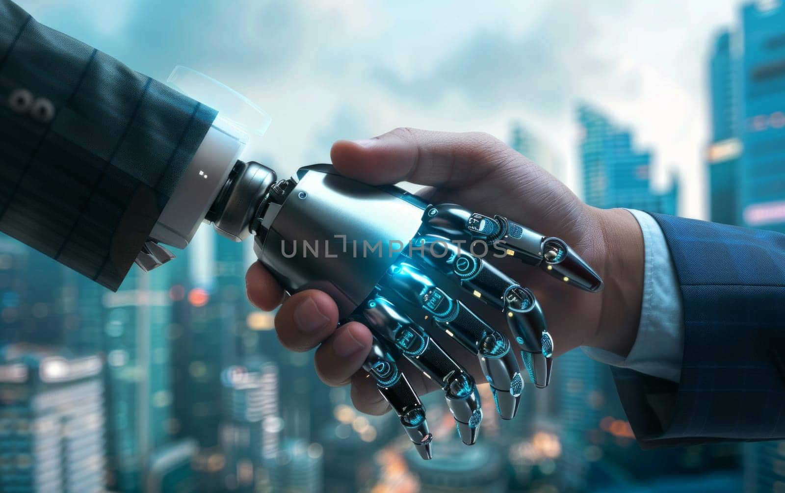 Business handshake between robot and human partners or friends with cityscape in the background.