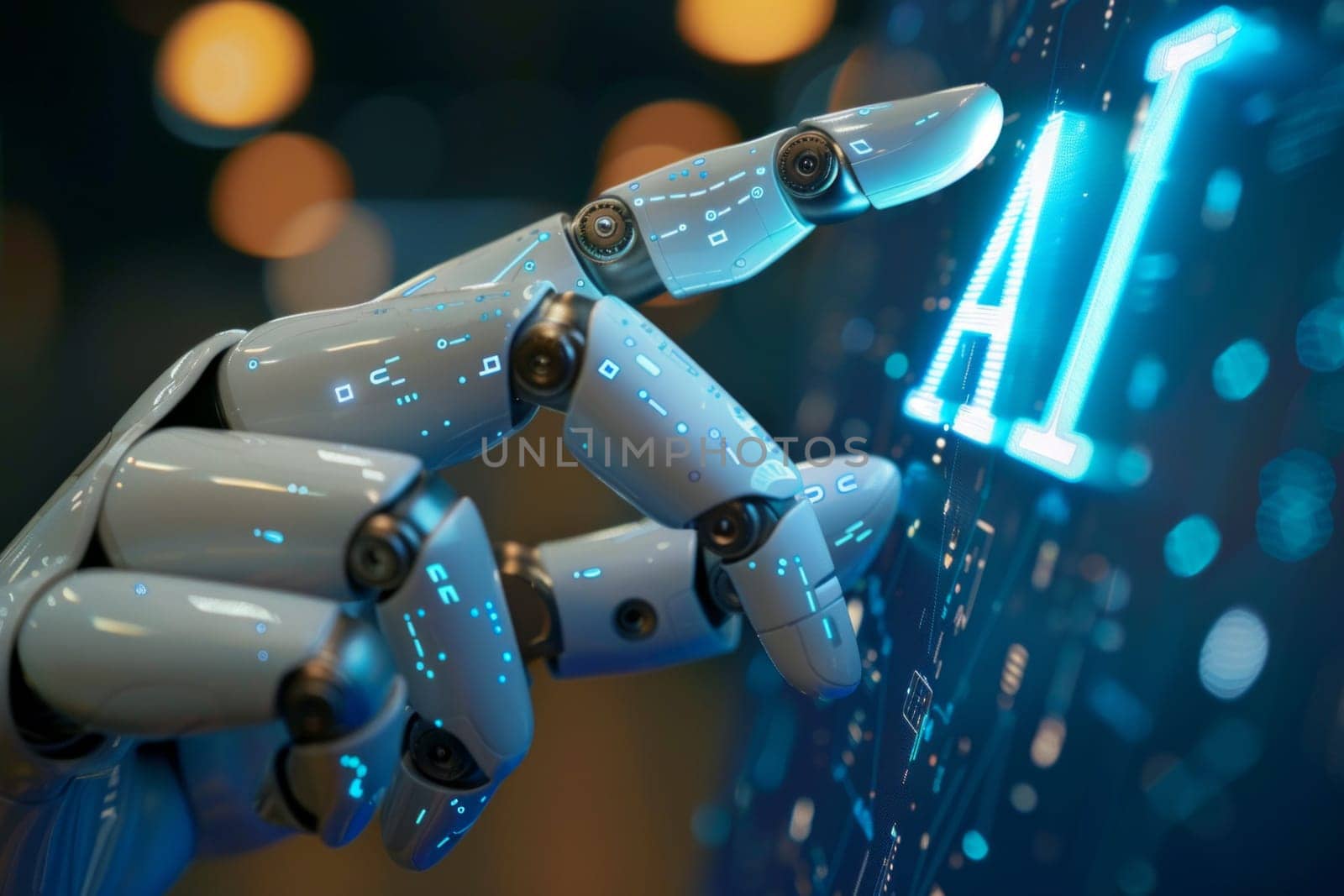 Robot hand touching a futuristic screen with AI text written , AI touch screen hologram, technology concept.