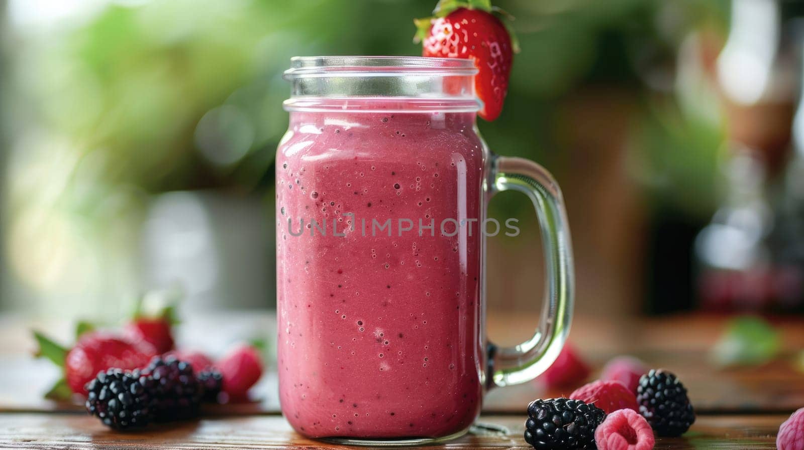 Fruit smoothie with mint leaves on wooden rustic table. Fruit smoothie in a glass jar. Summer vibe AI
