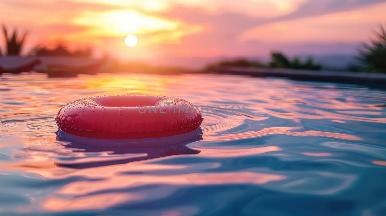 Inflatable ring in the pool overlooking the sunset by natali_brill