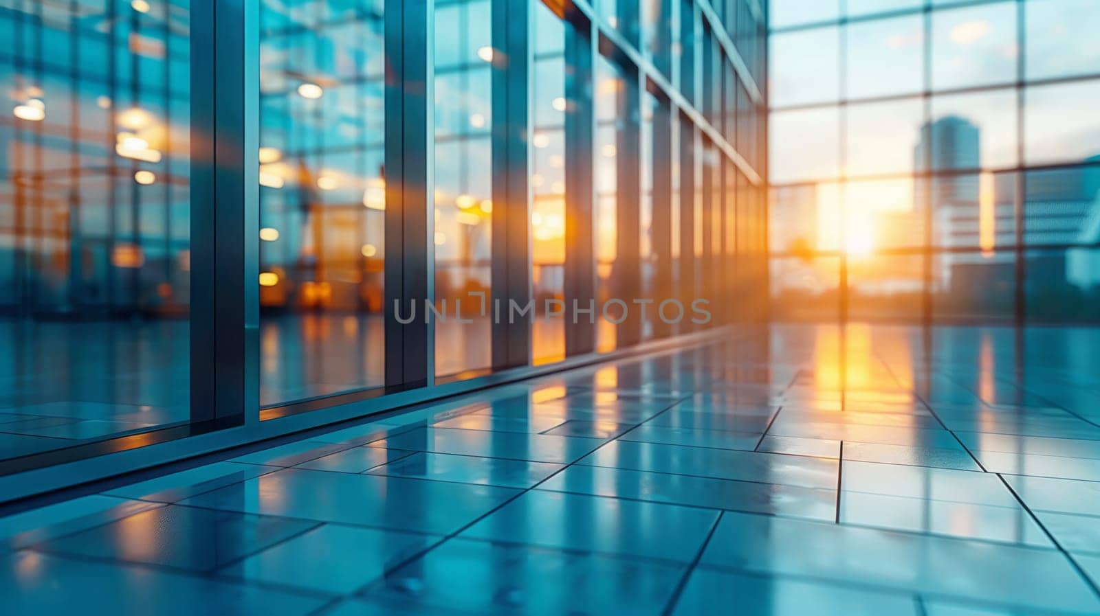 A beautiful modern spacious office hall with panoramic windows and a perspective in pleasant orange and blue tones.