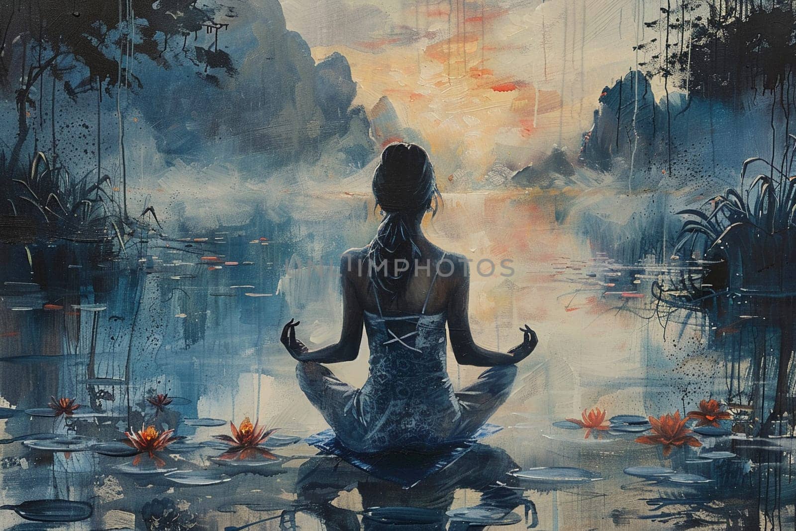 Serene painting of woman practicing yoga by lake at dawn, celebrating Women's Day.