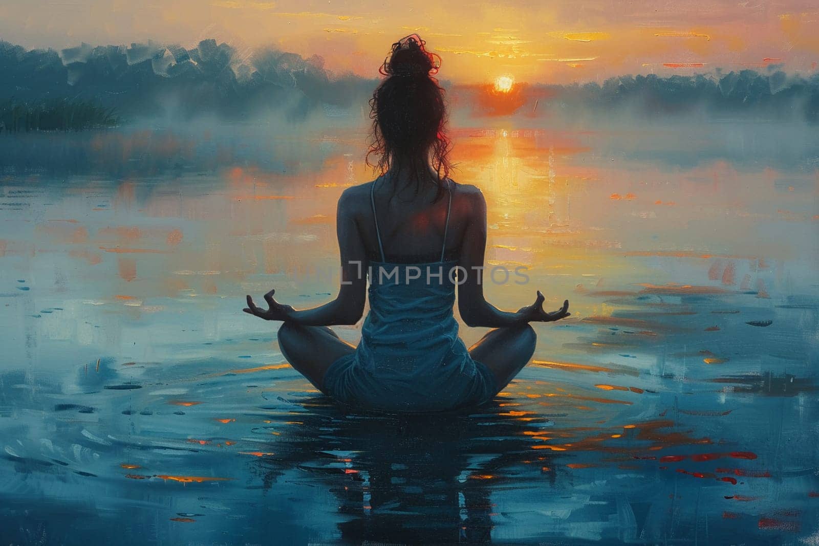 Serene painting of woman practicing yoga by lake at dawn by Benzoix