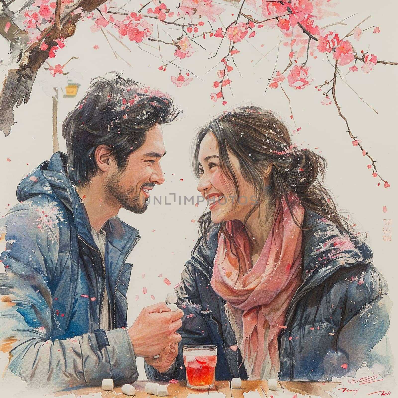 Soft pastel drawing of couple exchanging marshmallows under cherry blossom tree for White Day