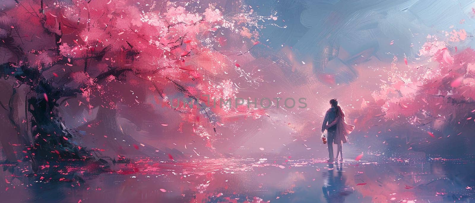 Soft pastel drawing of couple exchanging marshmallows under cherry blossom tree for White Day