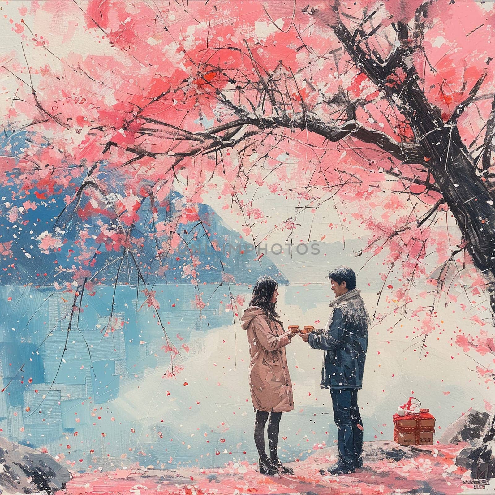Soft pastel drawing of couple exchanging marshmallows under cherry blossom tree for White Day. by Benzoix