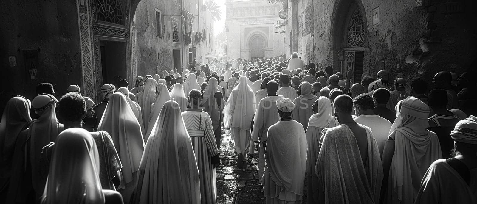 Street photographer's black-and-white capture of solemn Good Friday procession in old city.