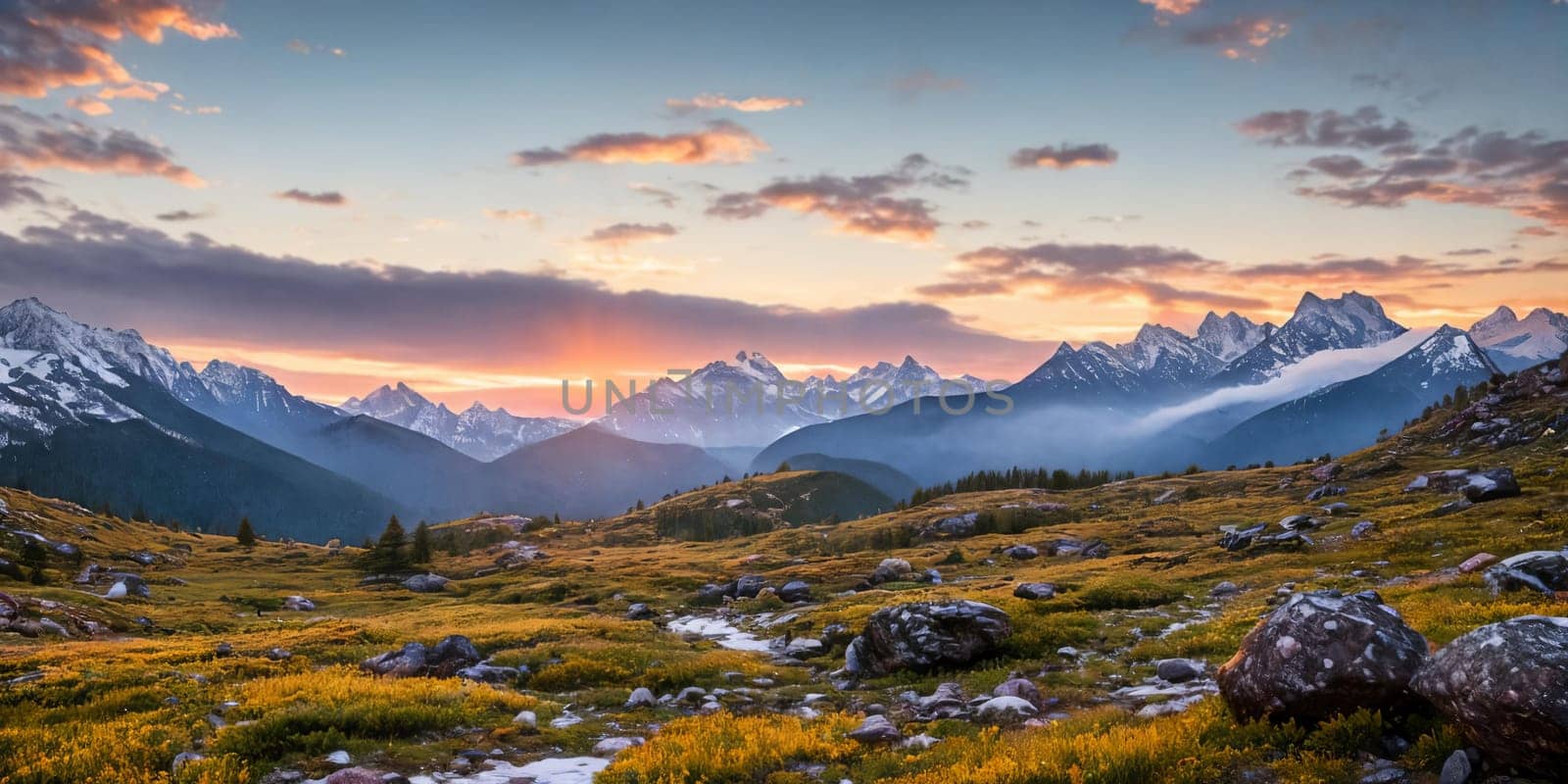 Serene Mountain Vista. Capture a breathtaking sunrise over snow-capped mountains. Panorama