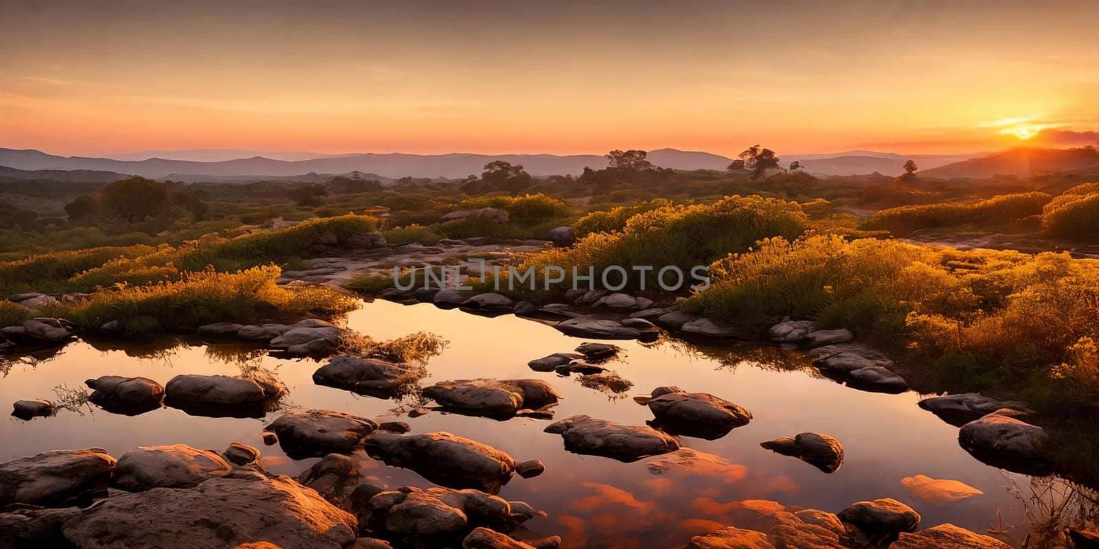 Flat terrain bushes in sunset. Hills on horizon, calm lake reflects clouds between stones. Serene scene. Generative AI.