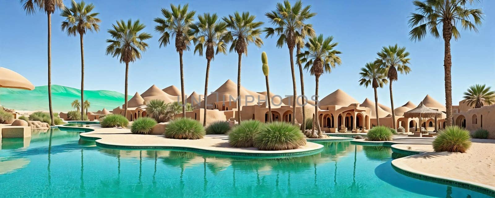 A hidden oasis in the desert with emerald-green waters, palm trees, and magical sand dunes that shift shape. AI Generated