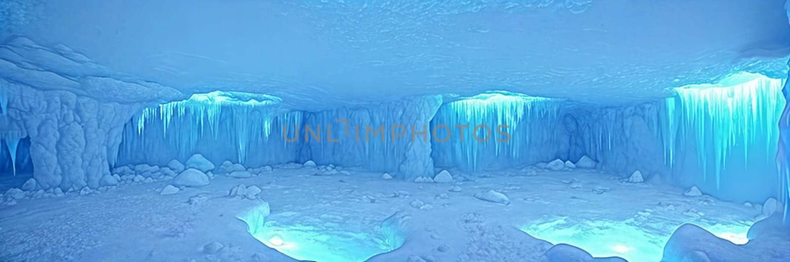 Ethereal ice cave illuminated by the soft glow of bioluminescent crystals, casting an eerie blue light. Generative AI