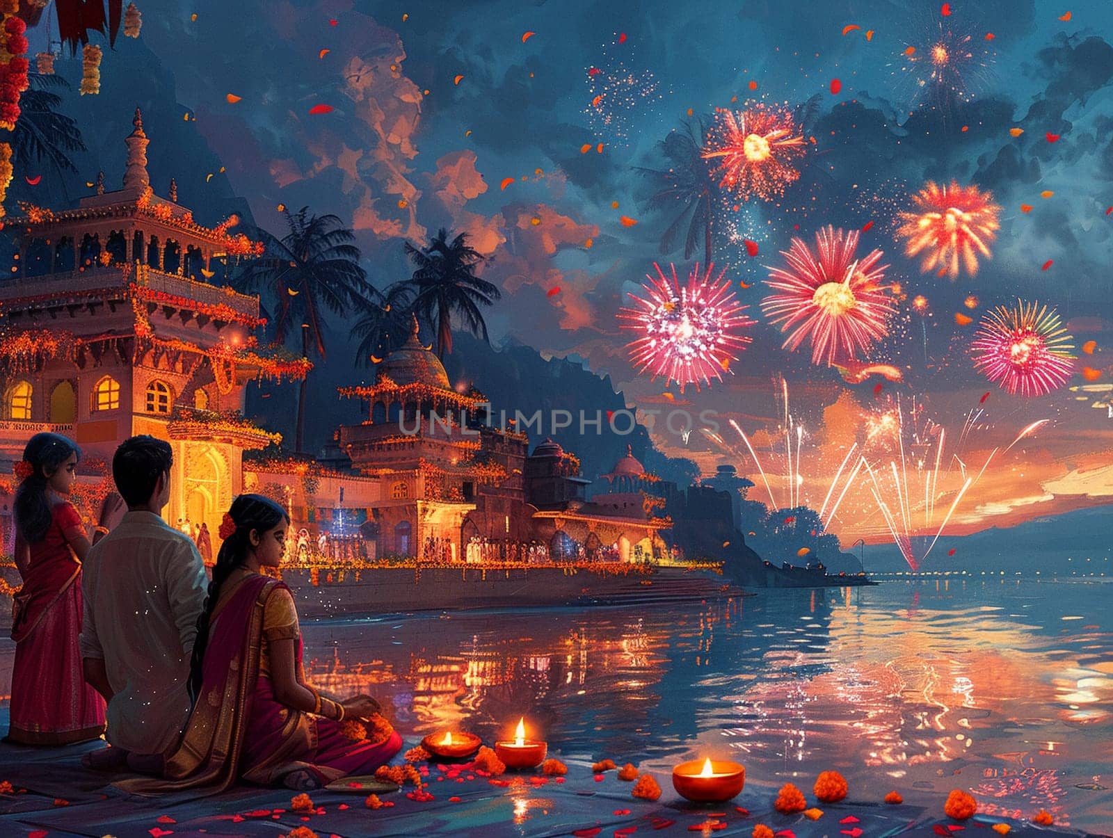 Vibrant digital art piece of families enjoying Gudi Padwa festivities, with fireworks and traditional decorations.