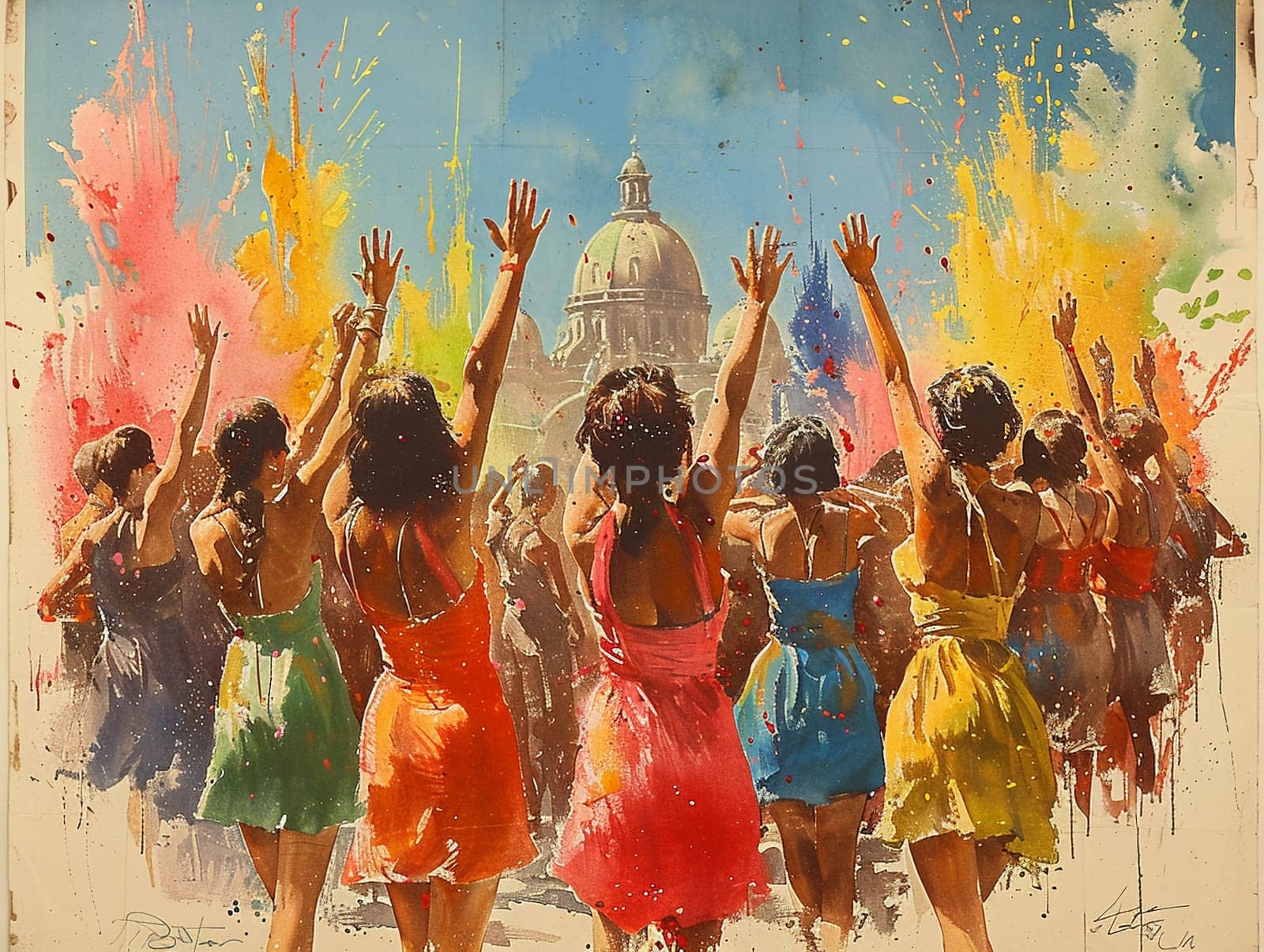 Vintage travel poster promoting festival celebrating Holi, with vibrant splashes of color.
