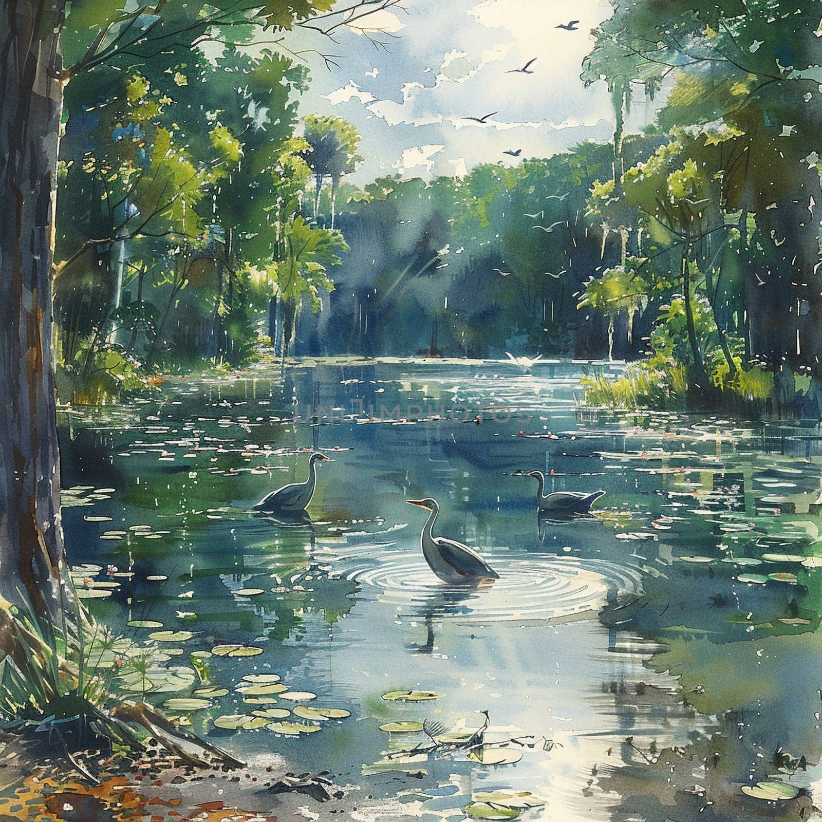 Watercolor painting of serene pond with wildlife gathering to drink by Benzoix