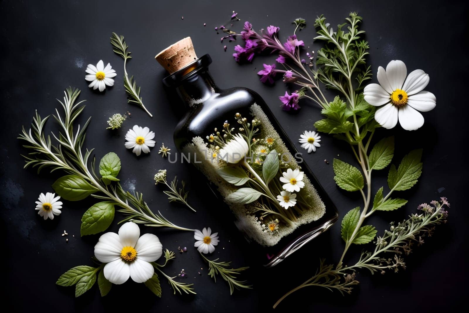 tincture of herbs and flowers in a bottle isolated on a black background