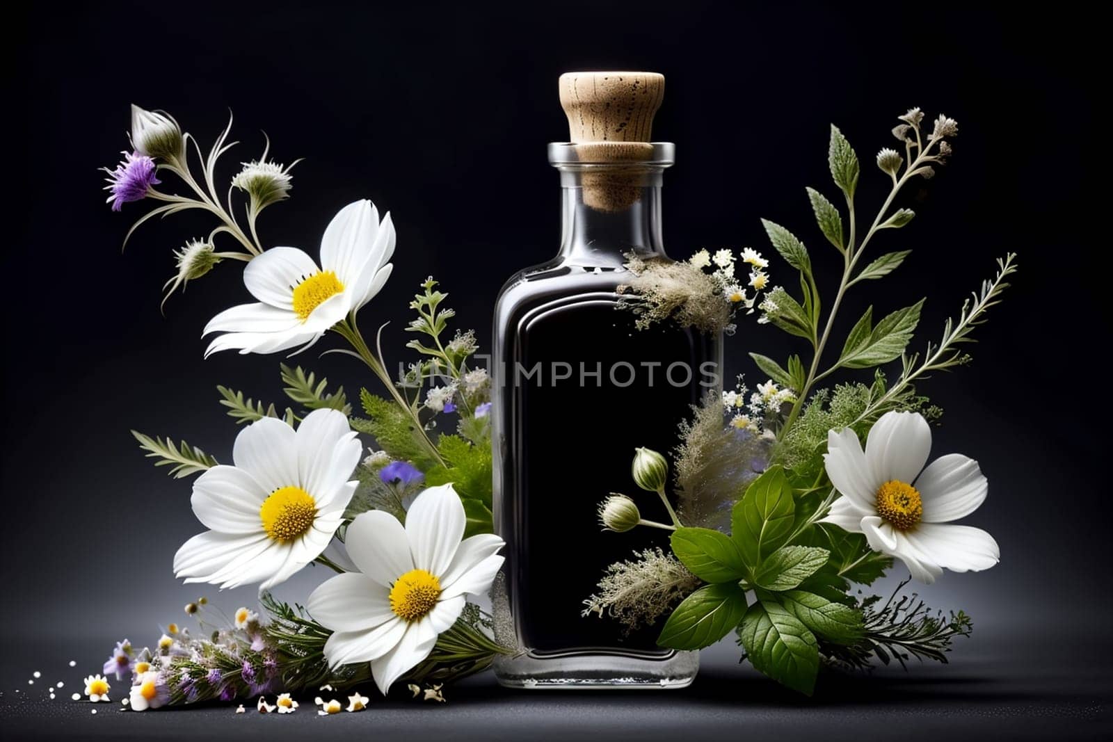 tincture of herbs and flowers in a bottle isolated on a black background