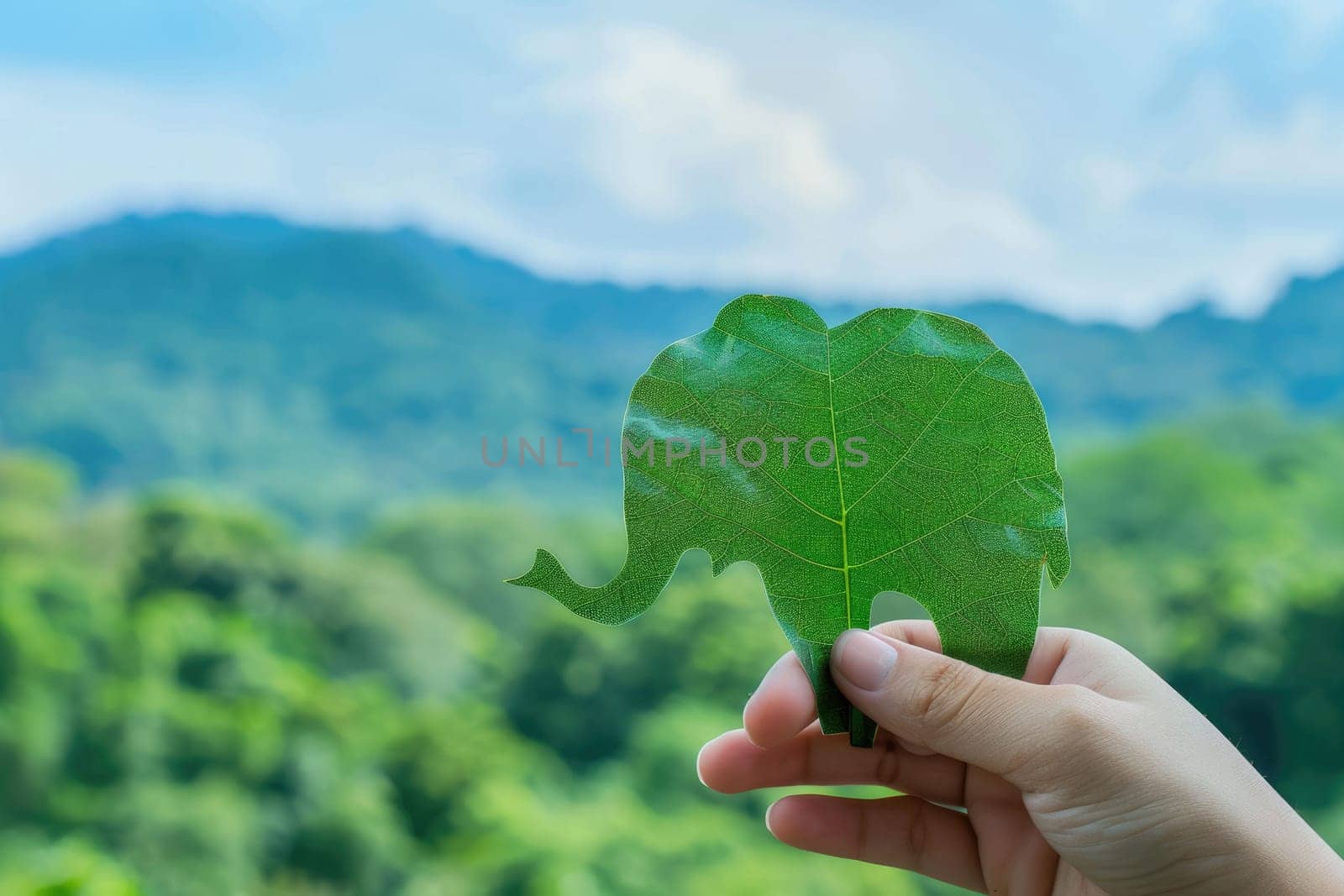 nature art of leaf carved into animal shape showing concept of sustainability and environmental conservation. aigx04