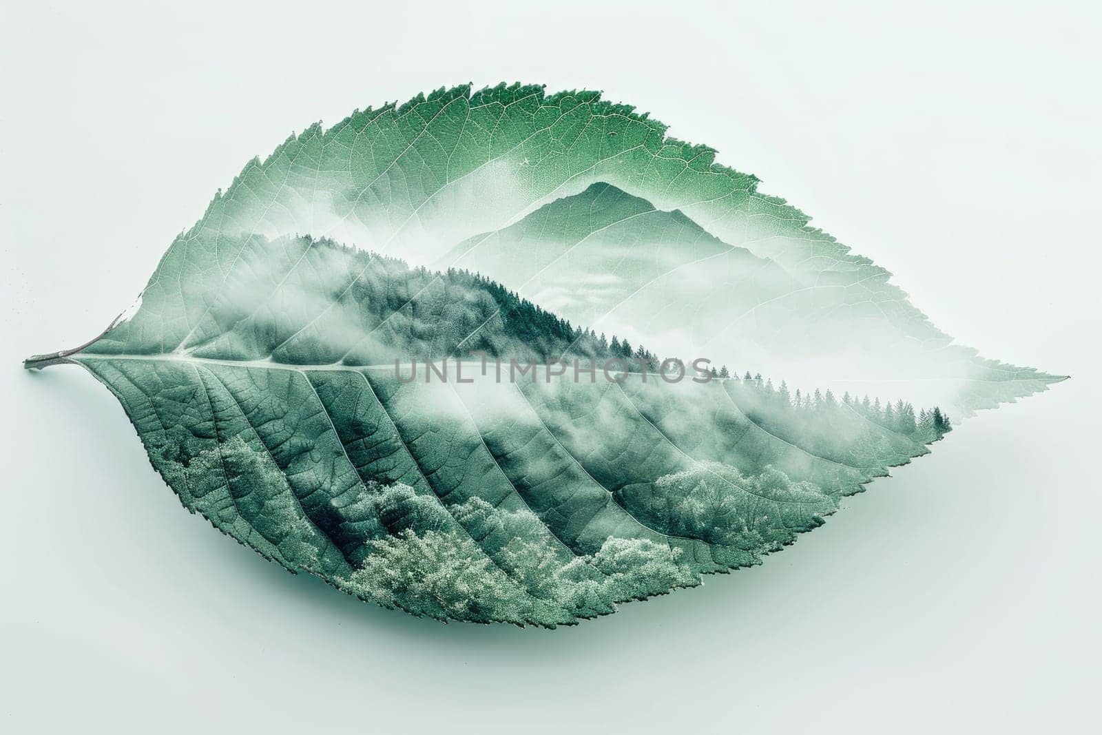 leaf double exposure with beautiful nature background showing concept of sustainability and environmental conservation. aigx04