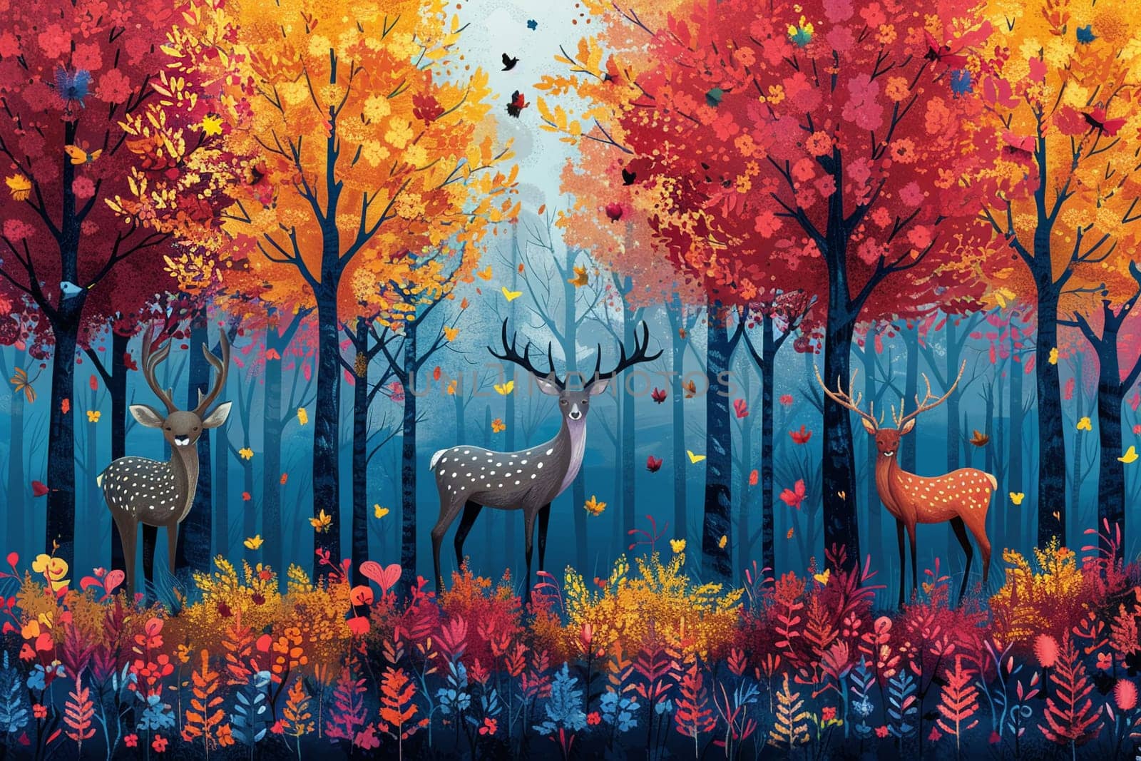 Abstract illustration of animals coming together in colorful forest by Benzoix