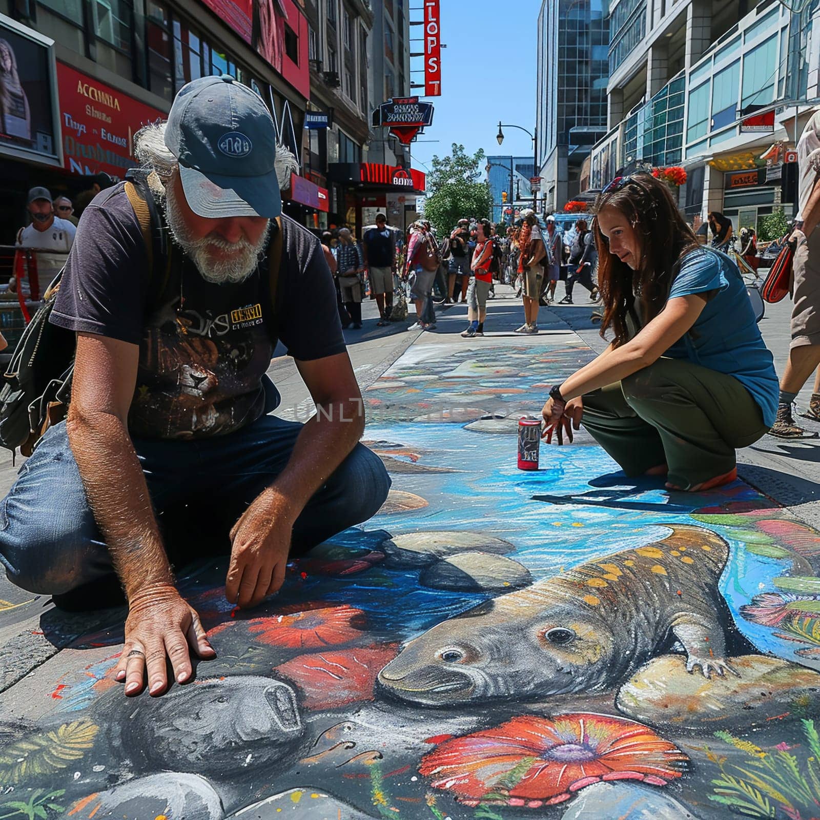 Chalk mural on city street with message about wildlife conservation for World Wildlife Day. by Benzoix