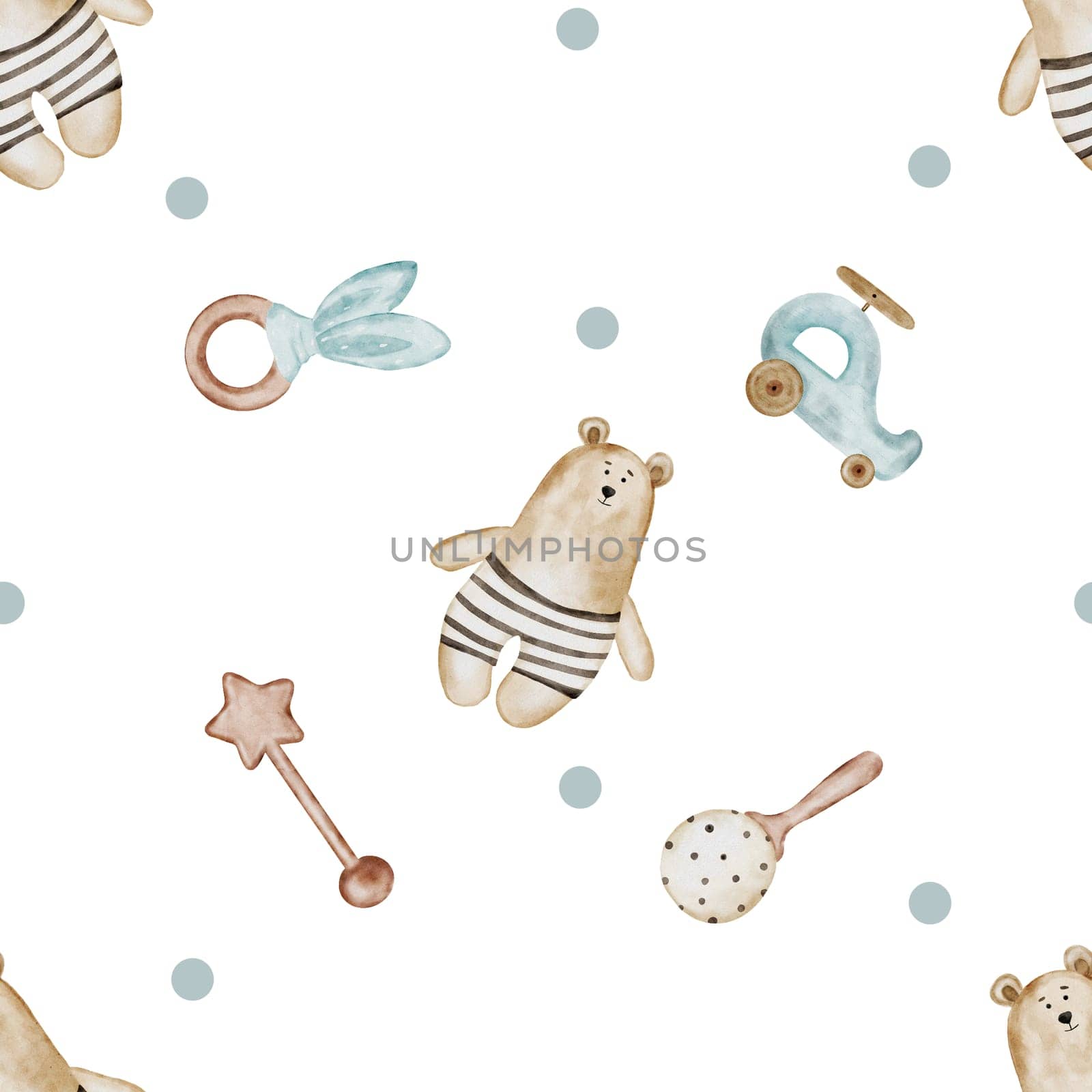 Baby toys and rattles seamless watercolor pattern.Hand drawing rodents, wooden helicopter and retro teddy bear. Ornament for children's textiles and wrapping paper for children's accessories. High quality illustration