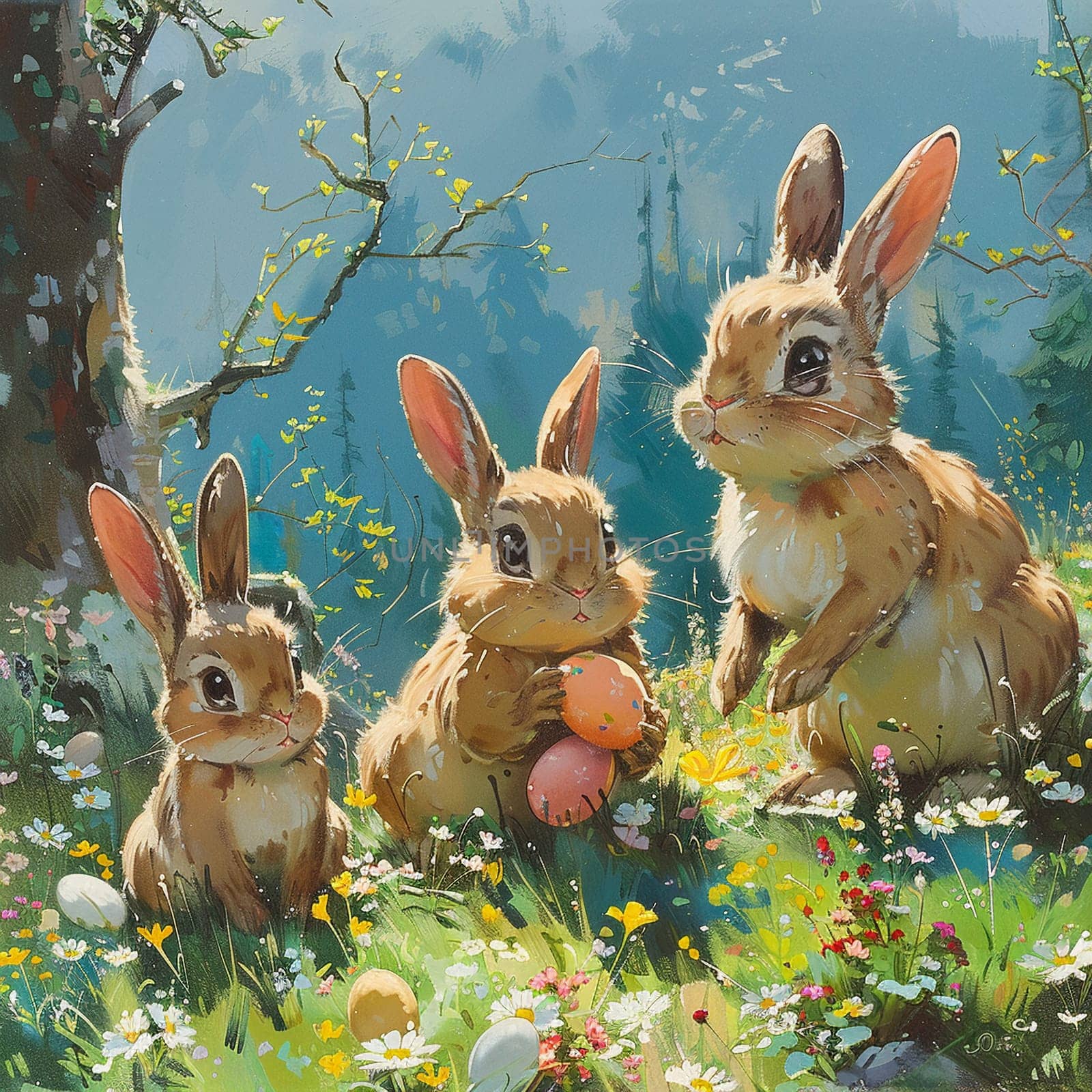 Playful animation cel of rabbits hiding Easter eggs in blooming spring forest. by Benzoix