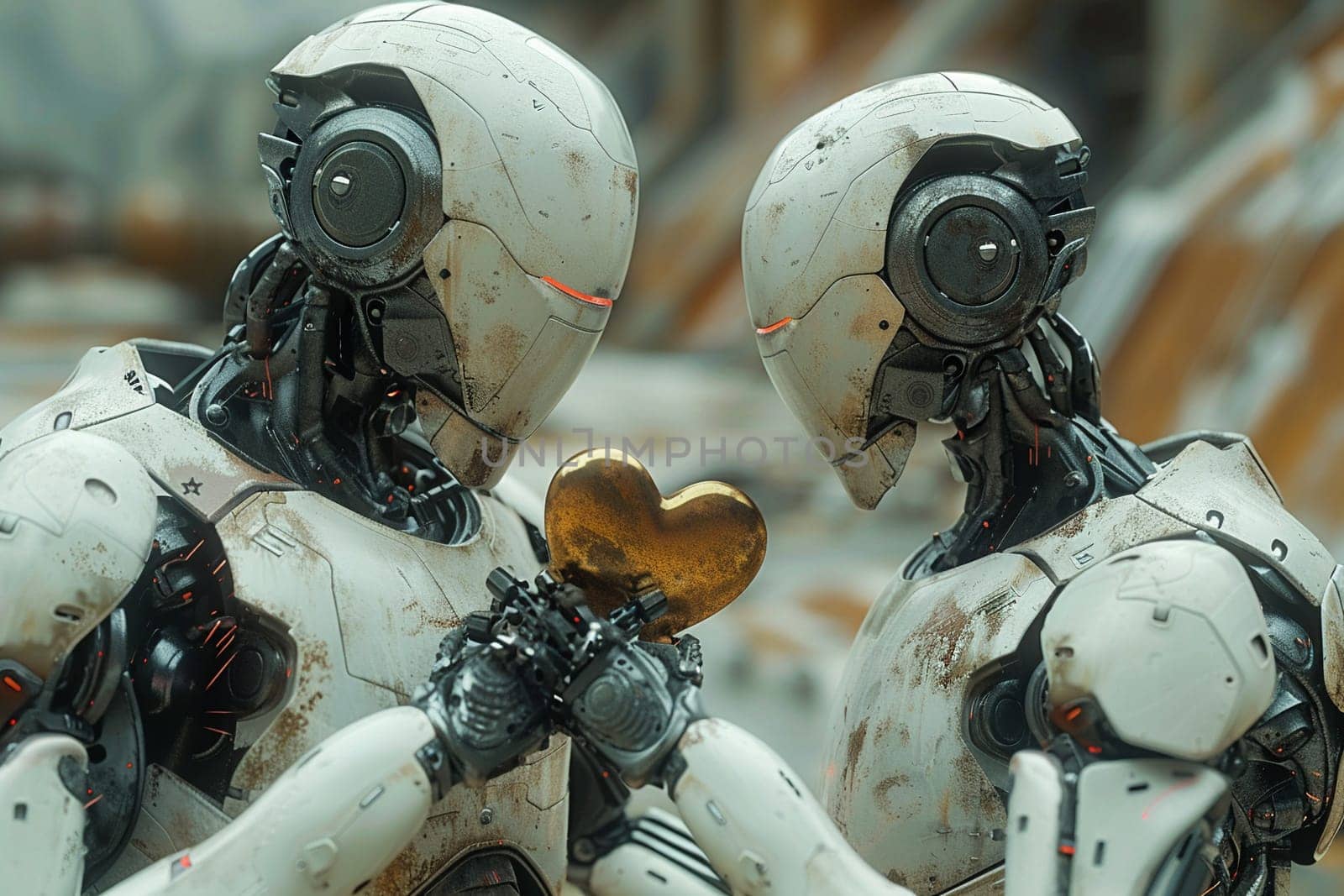 Sci-fi interpretation of White Day celebration with androids exchanging heart-shaped metallic tokens. by Benzoix