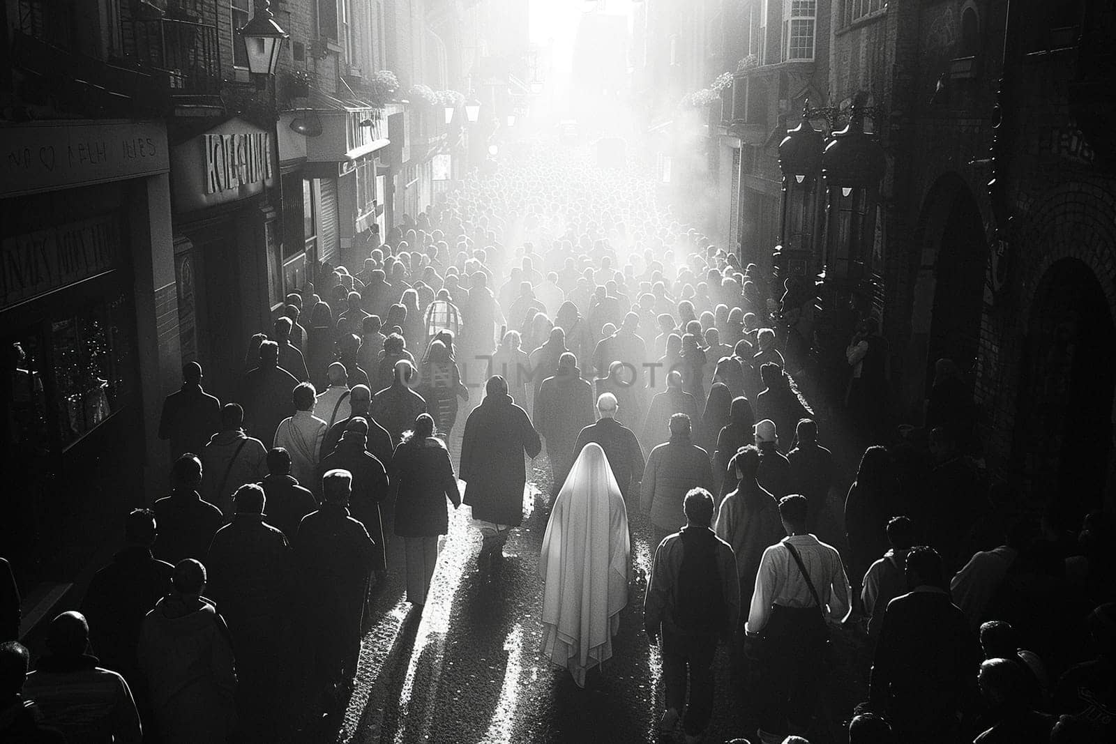 Street photographer's black-and-white capture of solemn Good Friday procession in old city.