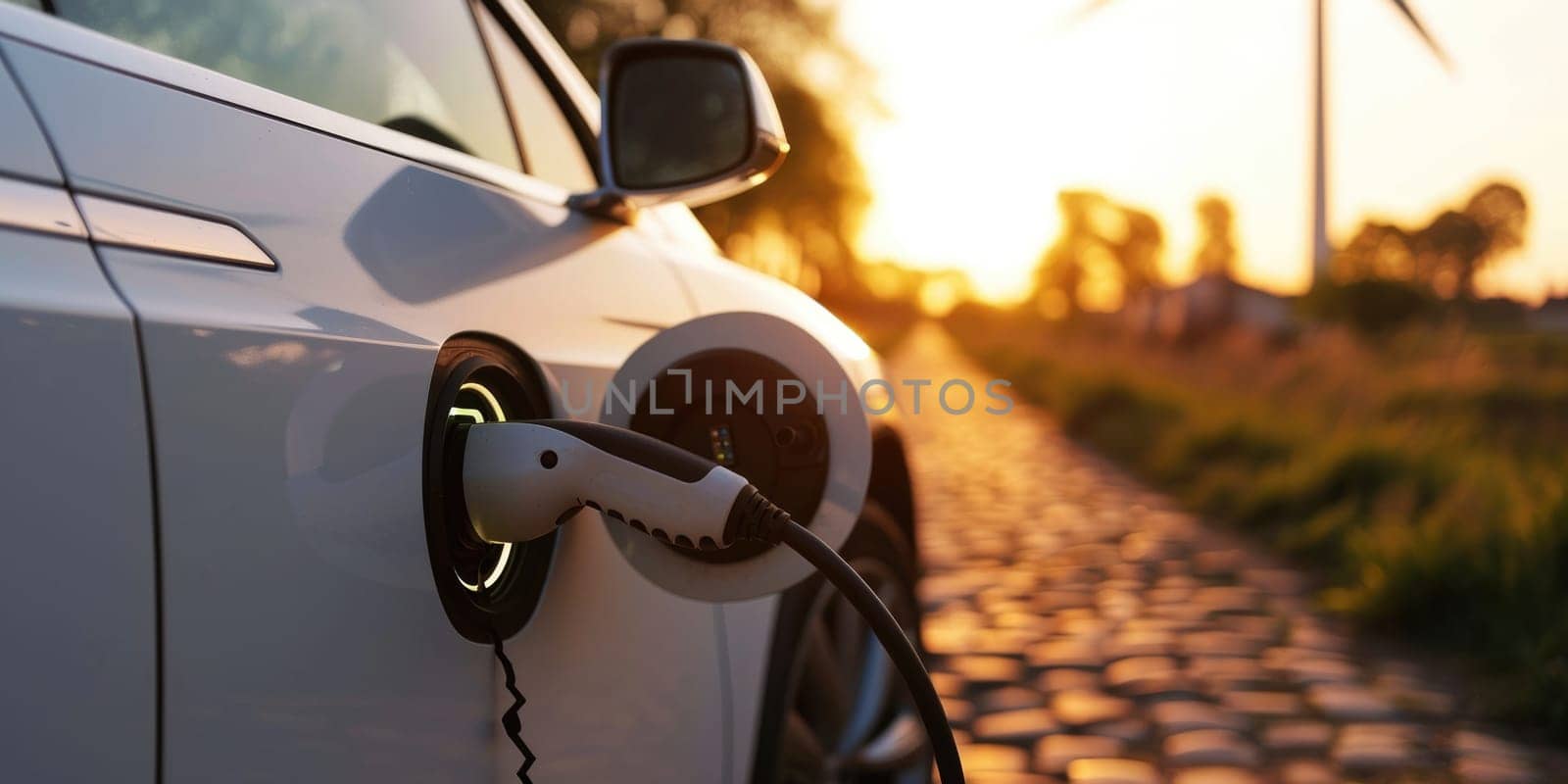 A picture about the electric vehicle that has been charging at the charging station and has been connected with the charger that has been connecting to the electric vehicle to become new tech. AIGX01.