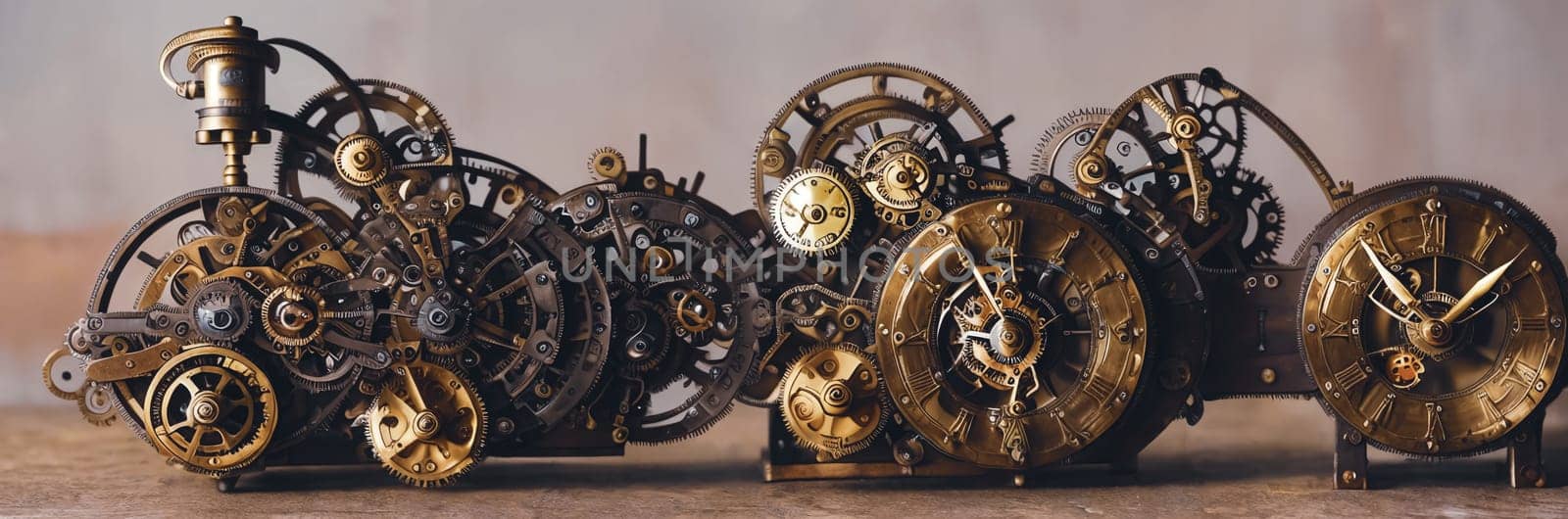 Steampunk Clockwork: An intricate mechanism blending gears, cogs, vintage brass elements, evoking Victorian-era technology. Think of a fusion between artistry functionality in a time-worn machine. Generative AI