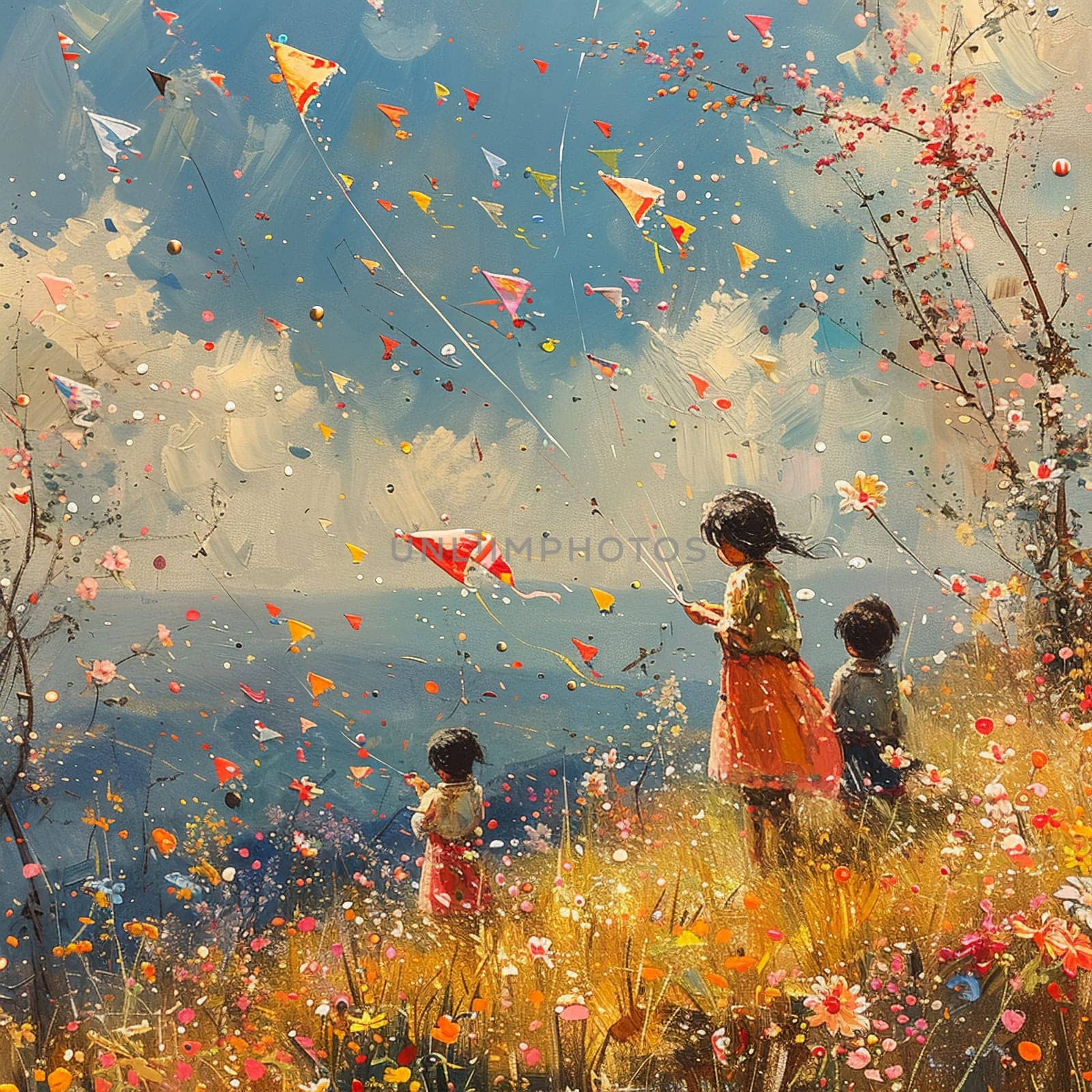Scene of children flying kites in field of blooming flowers for Pakistani Spring Festival