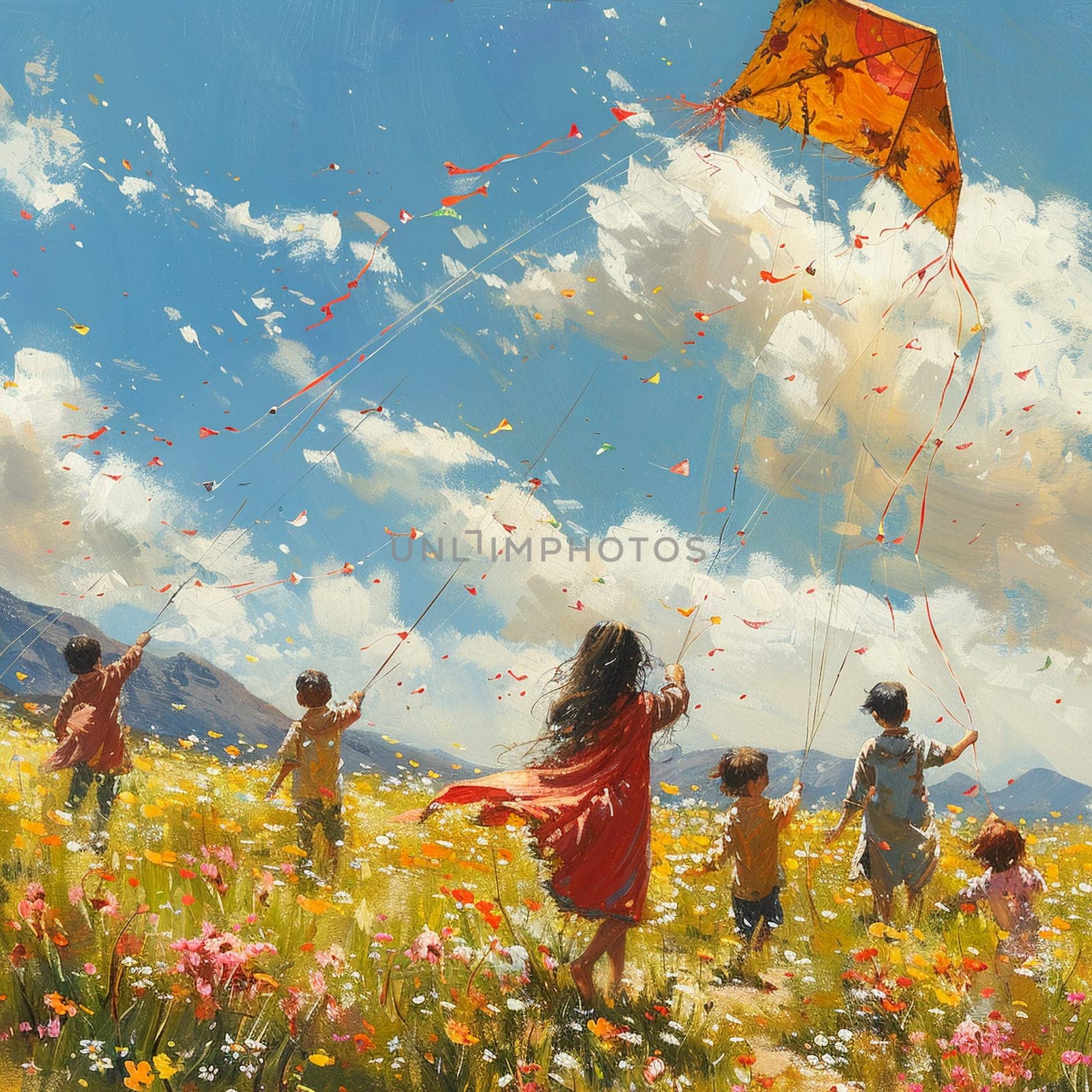 Scene of children flying kites in field of blooming flowers for Pakistani Spring Festival