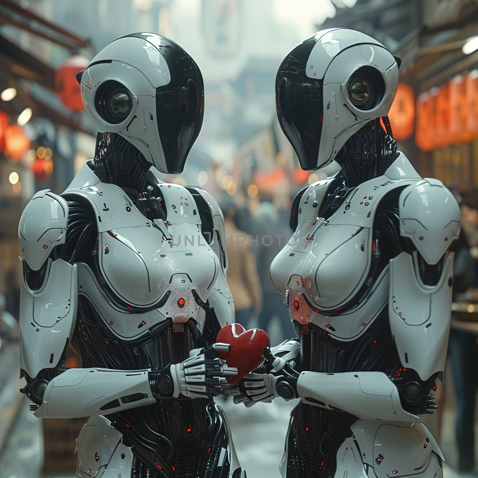 Sci-fi interpretation of White Day celebration with androids exchanging heart-shaped metallic tokens. by Benzoix