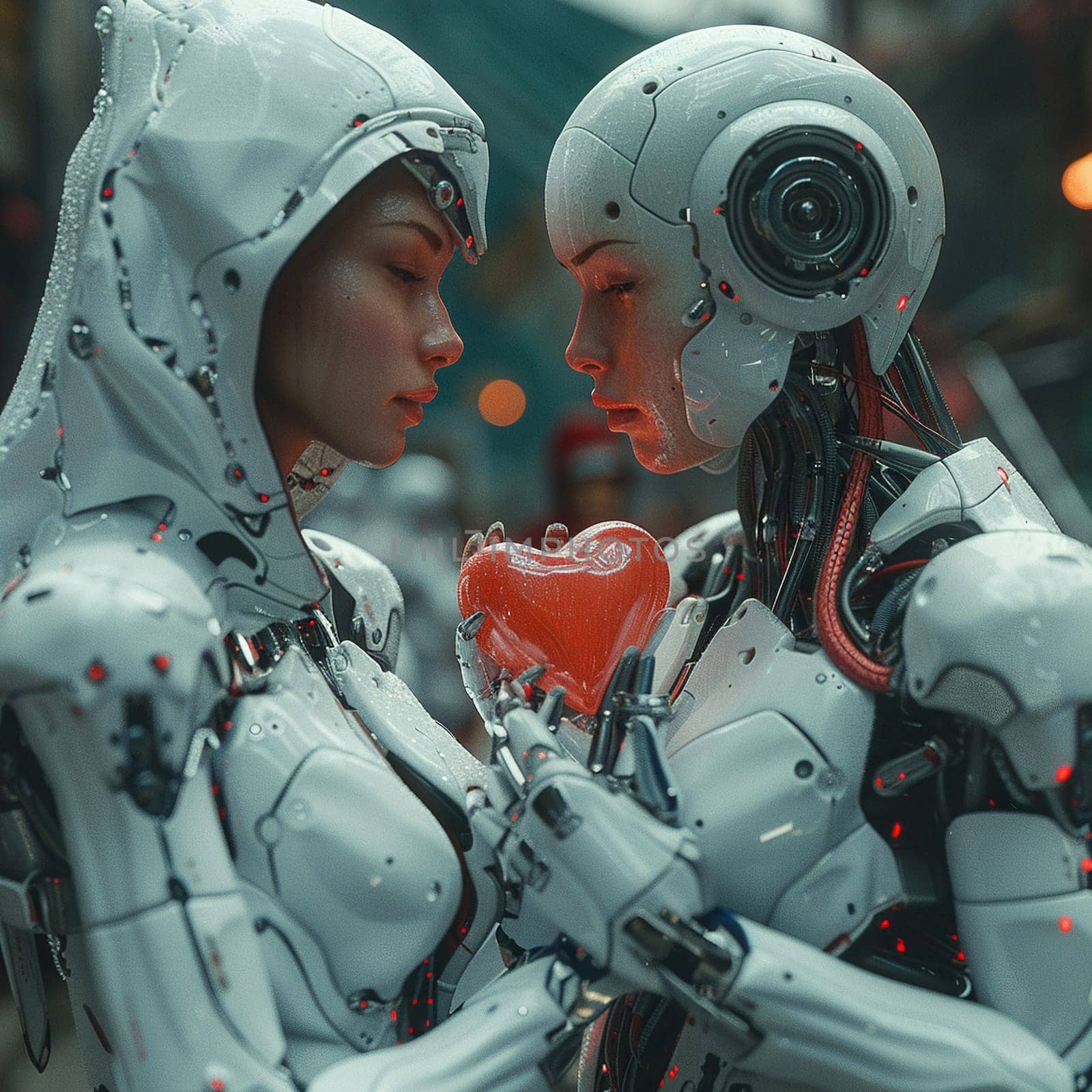 Sci-fi interpretation of White Day celebration with androids exchanging heart-shaped metallic tokens