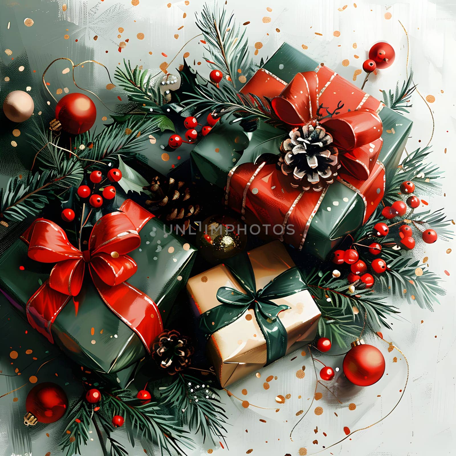 Assorted Christmas ornaments wrapped in green paper with red bows by Nadtochiy
