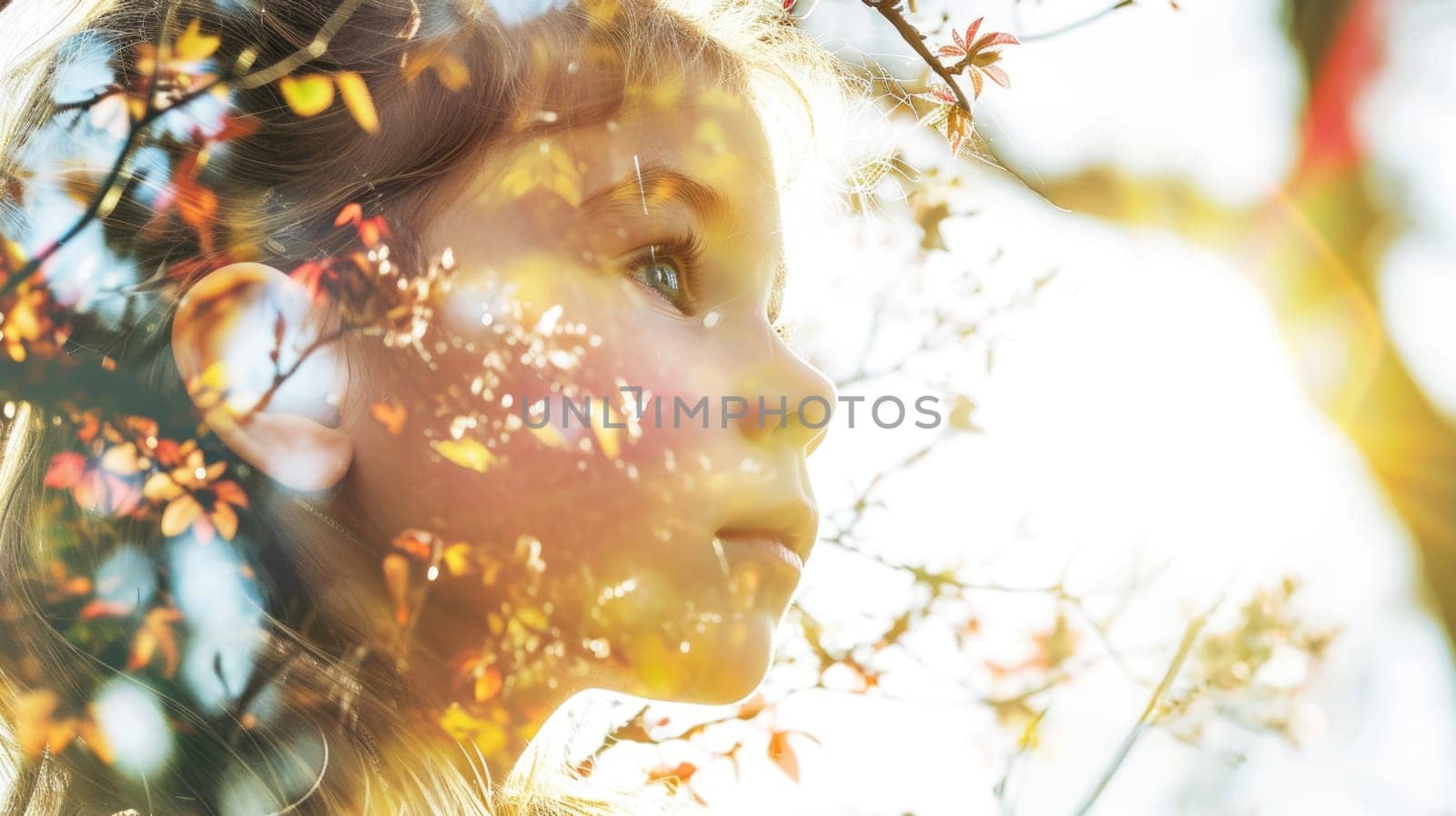 The closeup double exposure between the caucasian young girl and the beautiful vividly nature that the picture, it stands for the peaceful of the life or relaxation with the beautiful nature. AIGX01.