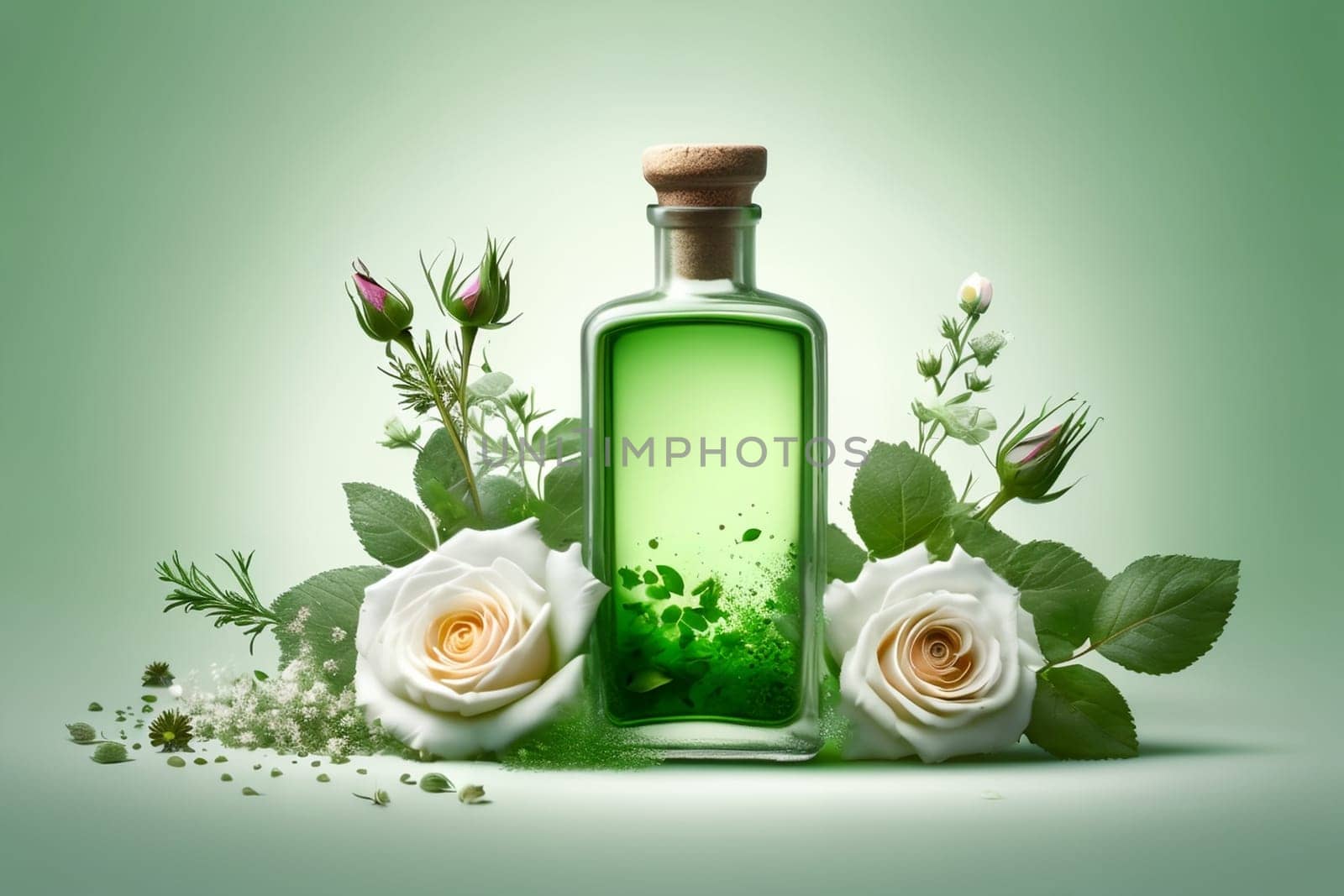 tincture of herbs and flowers in a bottle isolated on a green background