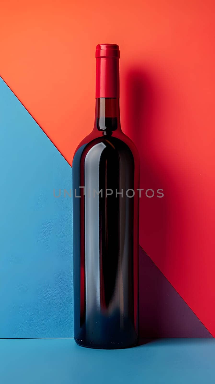 A glass bottle containing red wine sits on a blue and red background by Nadtochiy