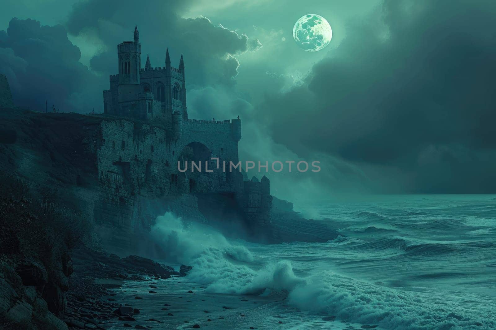 A medieval castle on a misty cliff, overlooking a turbulent sea. Resplendent. by biancoblue