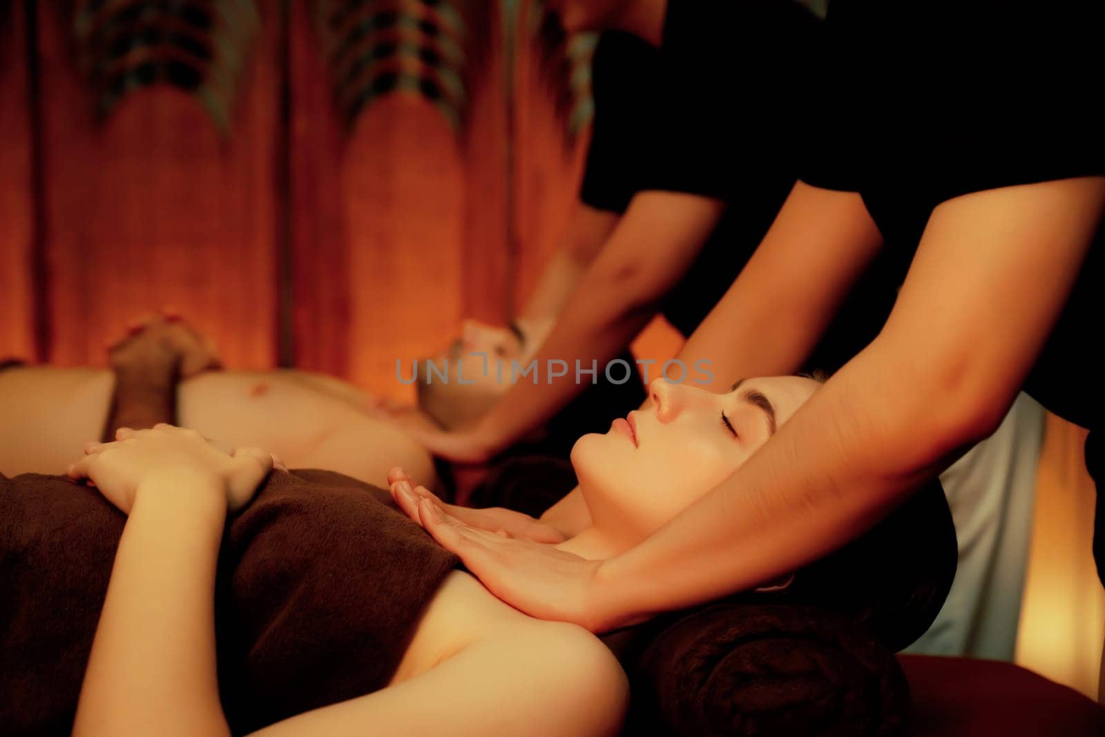 Caucasian couple customer enjoying relaxing anti-stress massage. Quiescent by biancoblue