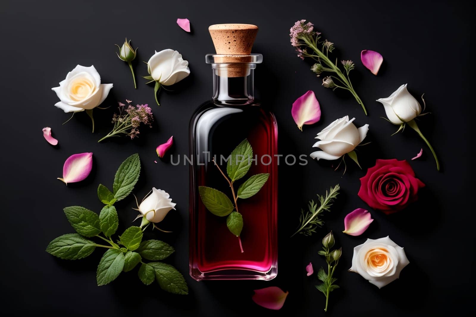 tincture of herbs and flowers in a bottle isolated on a black background